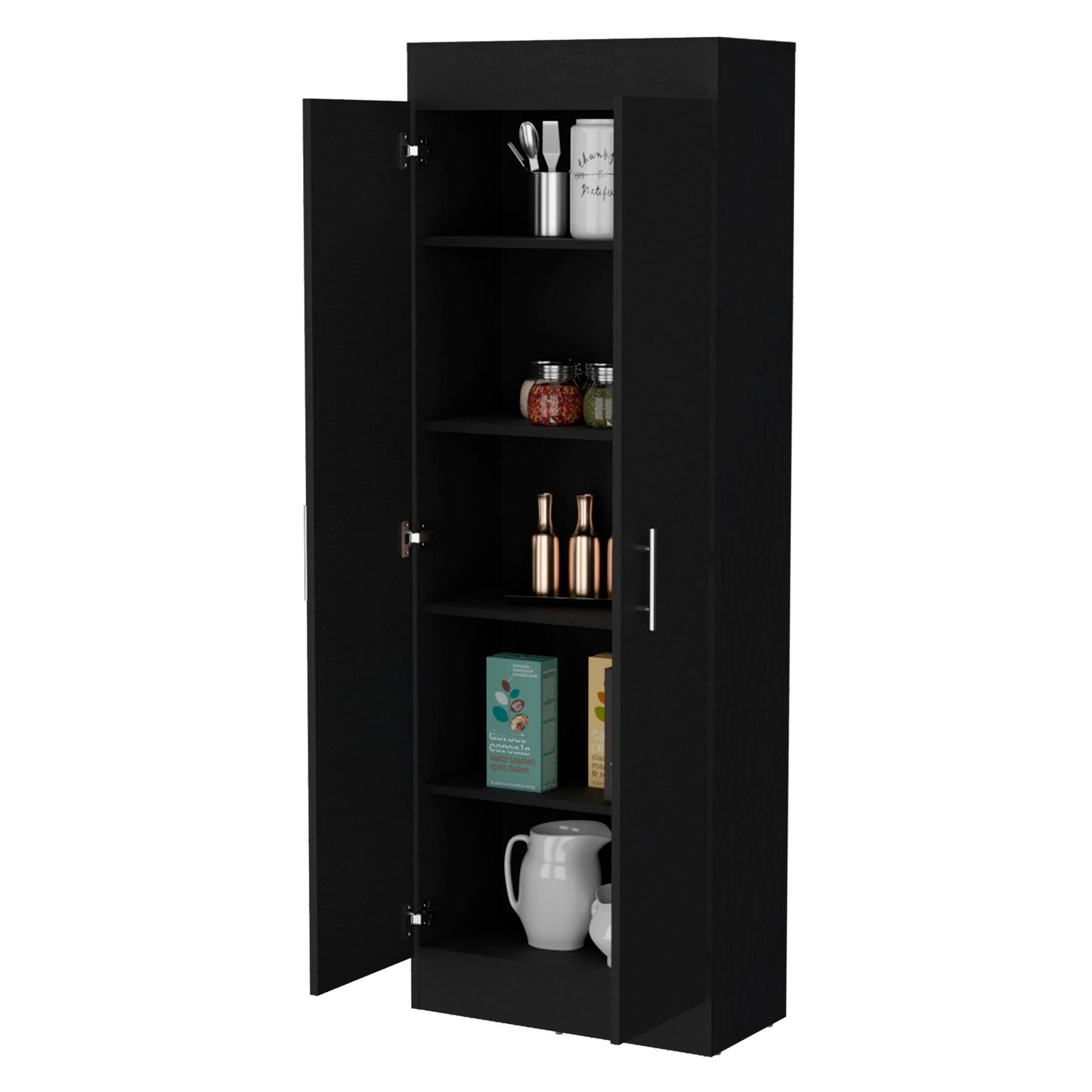 Sleek black pantry cabinet with open doors revealing shelves with kitchenware and pantry items