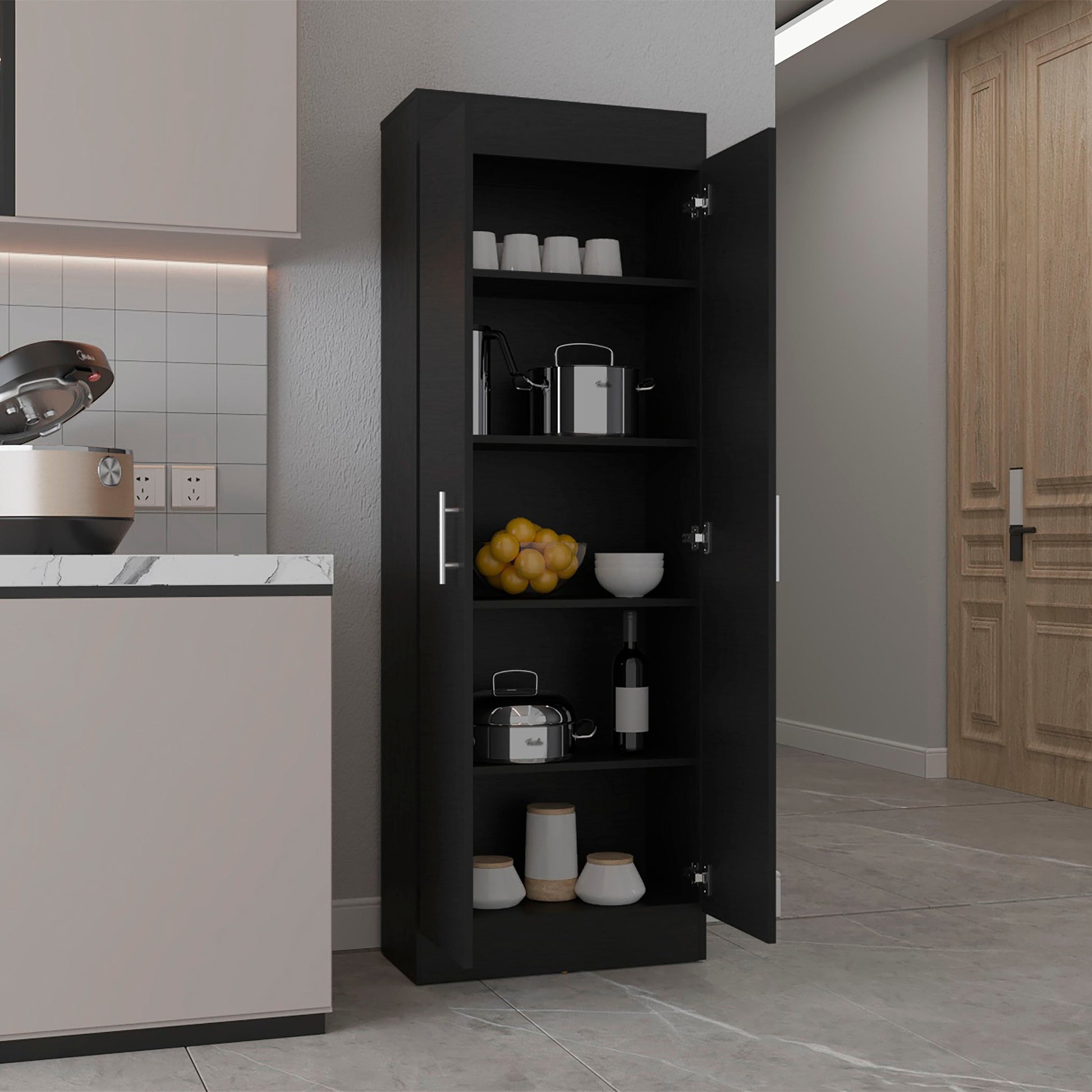 Tall black kitchen pantry cabinet with open doors revealing shelves of cookware and storage containers
