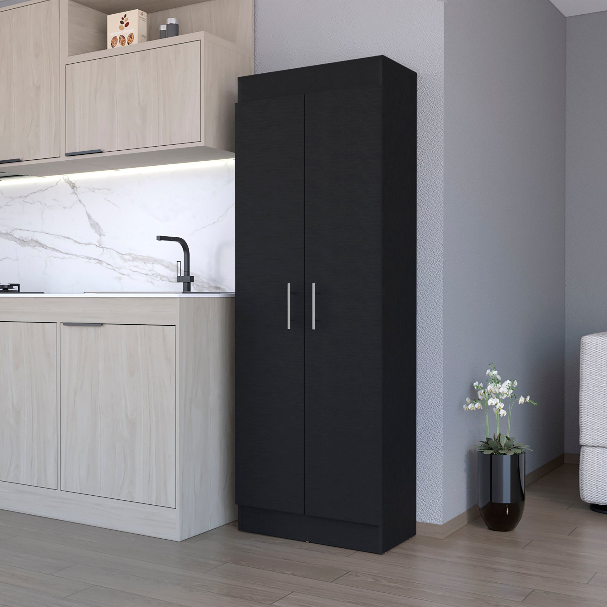 Tall black storage cabinet with two doors and silver handles