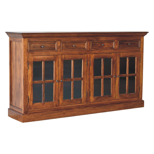 Antique oak sideboard with glass cabinet doors and four drawers