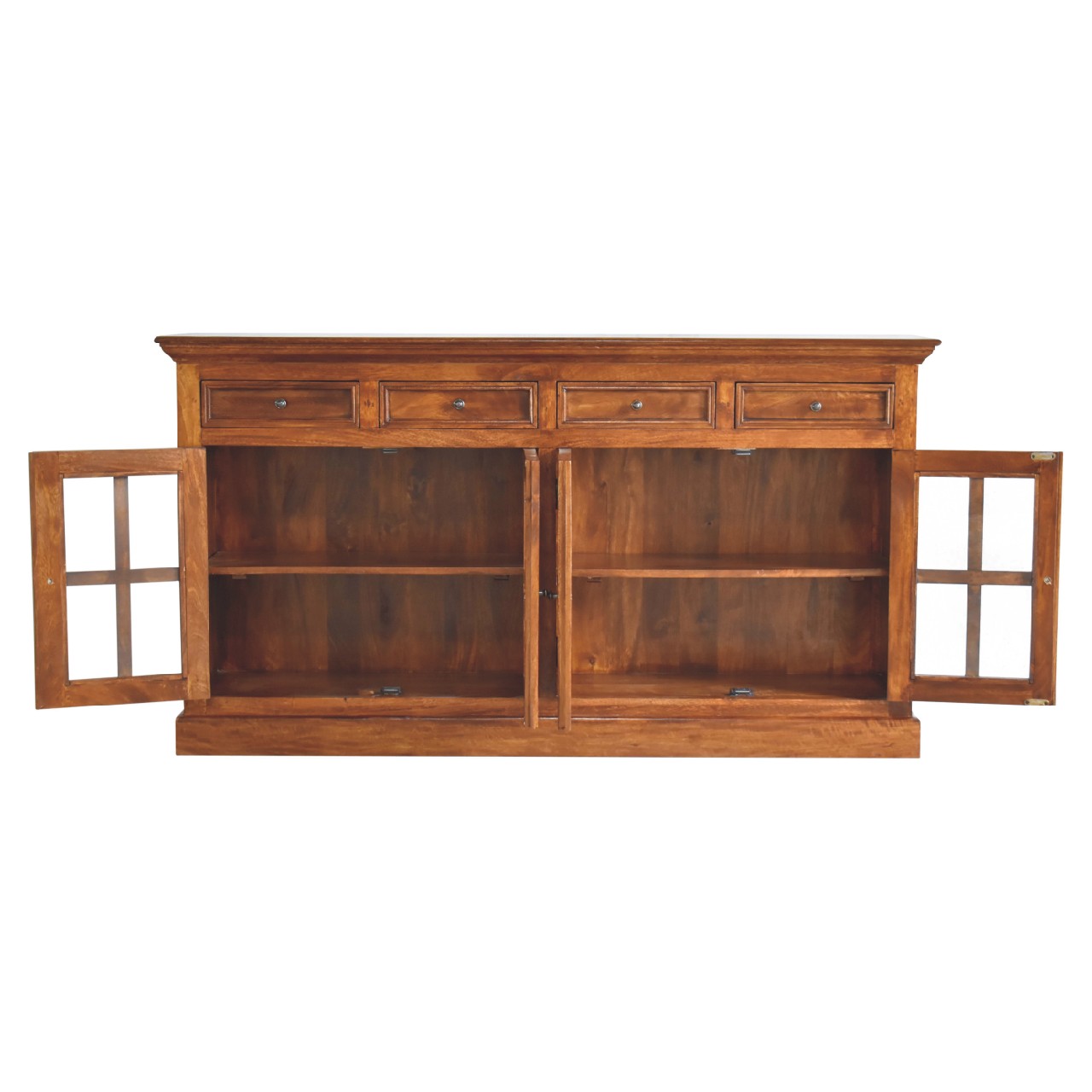 Solid wood sideboard with four drawers and two glasspaneled cabinet doors