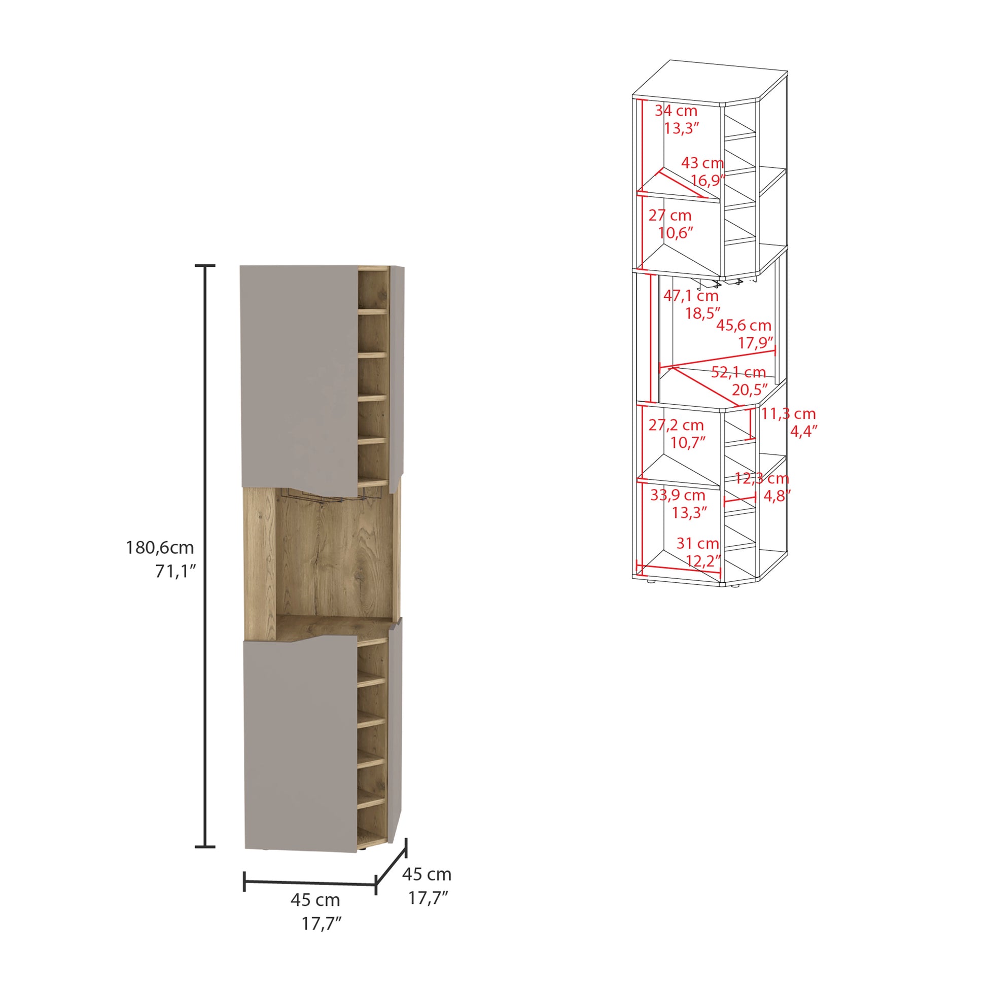 Gray and wood wine cabinet with  bottle cubbies