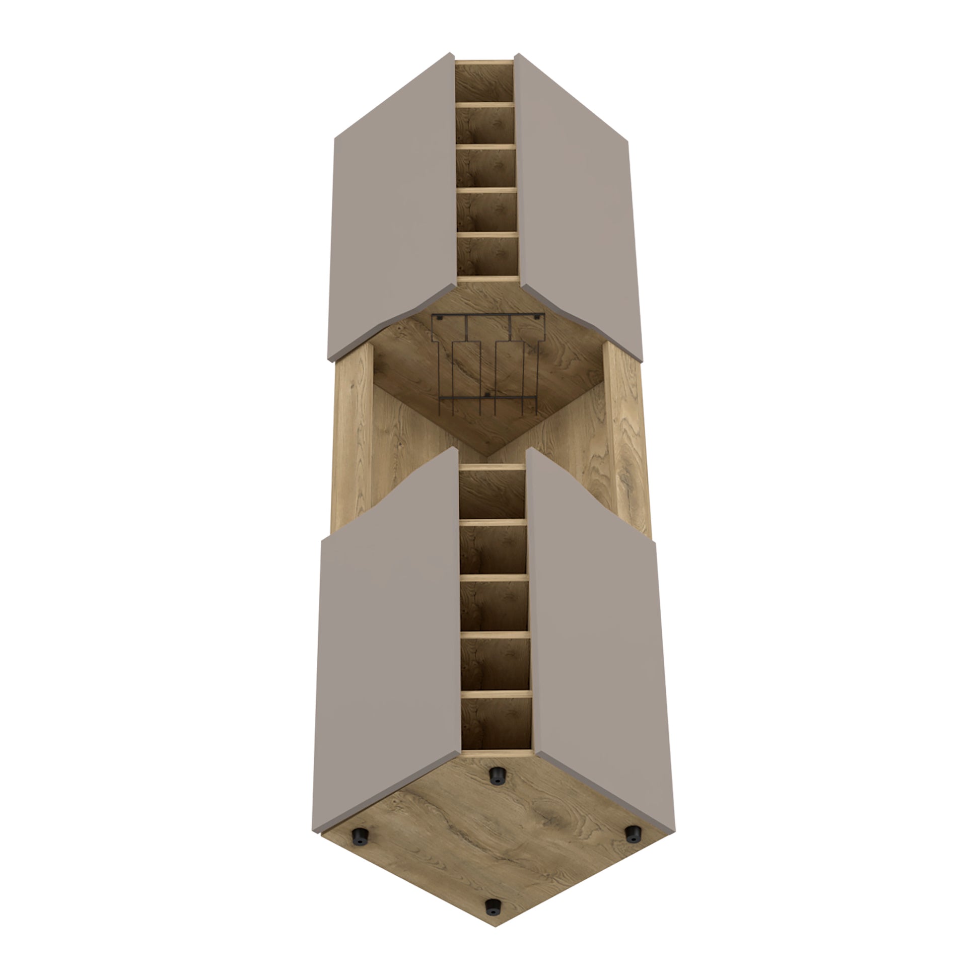 Modern corner cabinet with taupe finish and oak interior shelves