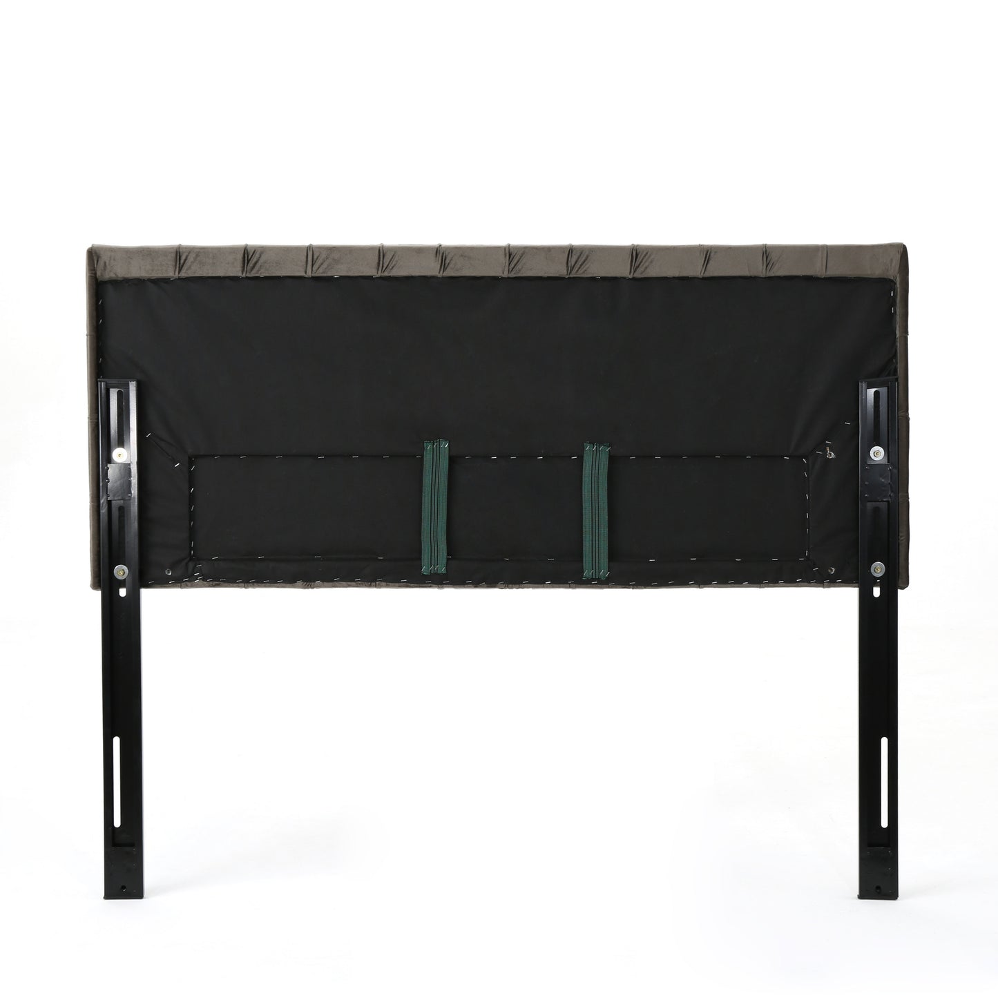 Gray velvet tufted headboard back with metal bed frame legs