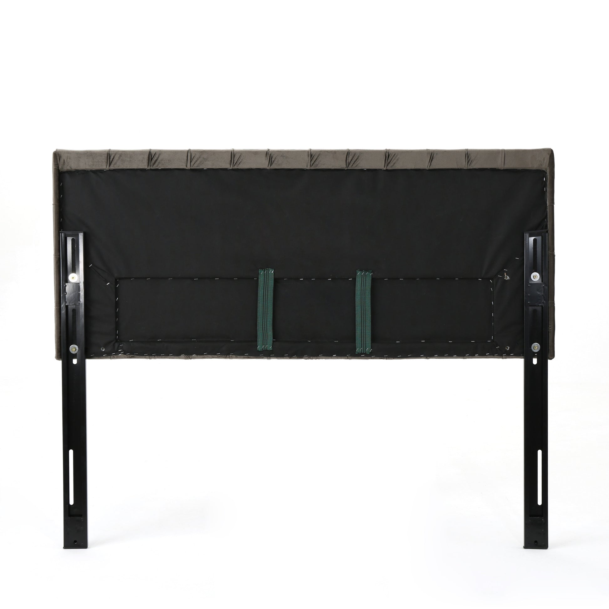 Gray velvet tufted headboard back with metal bed frame legs