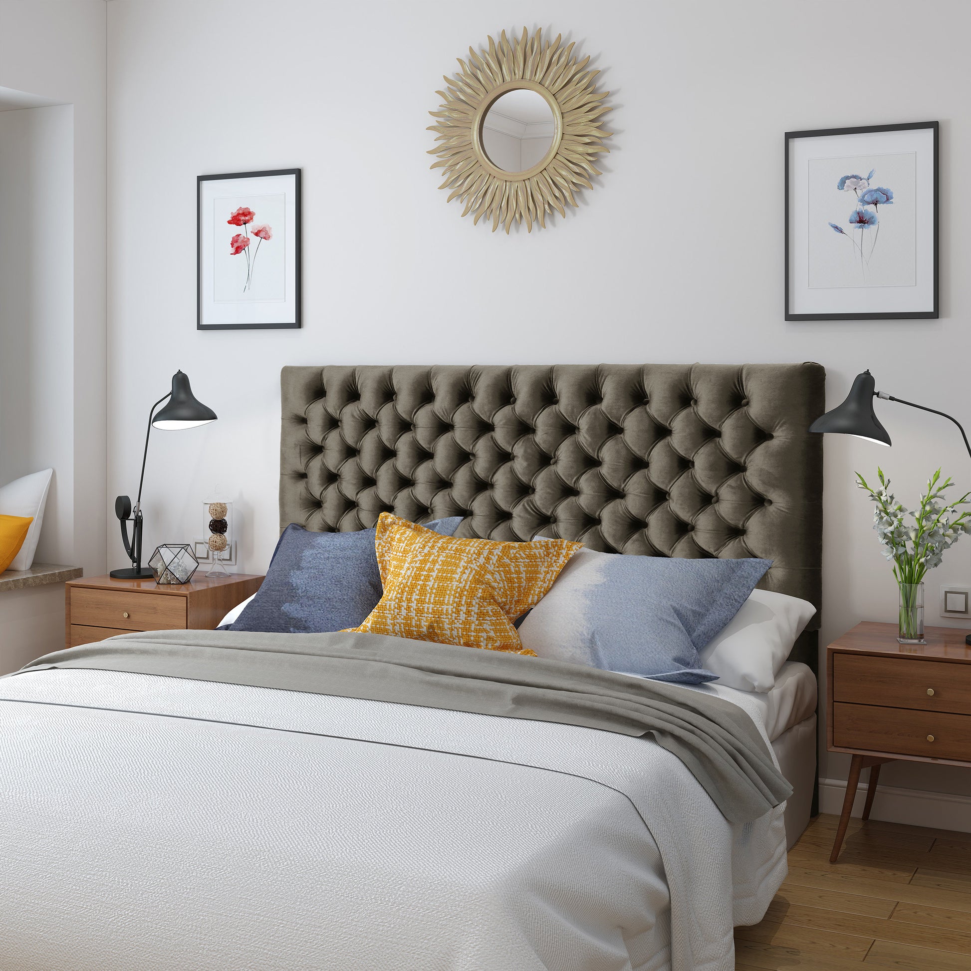 Tufted charcoal grey velvet headboard with diamond button tufting for a luxurious bedroom