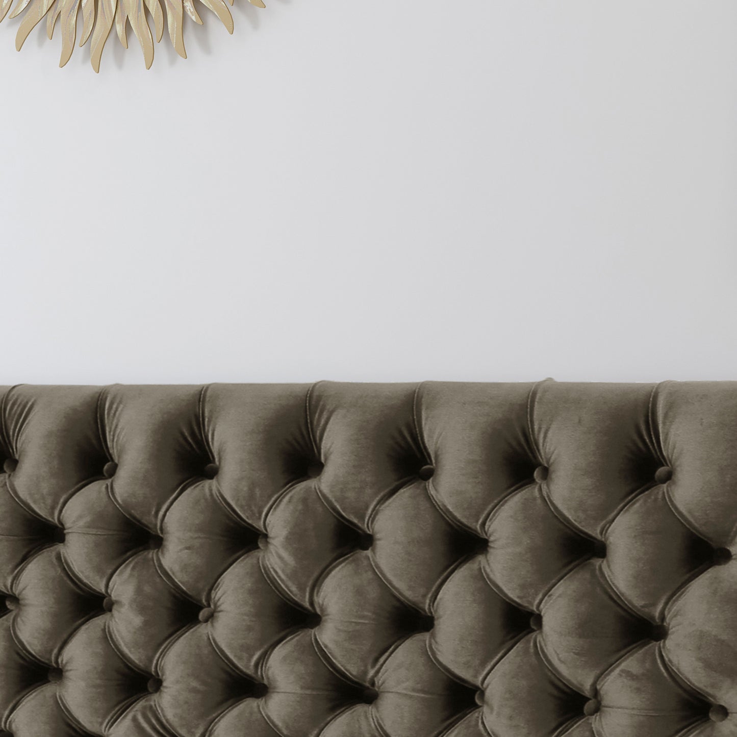 Taupe velvet tufted headboard with diamond button detail