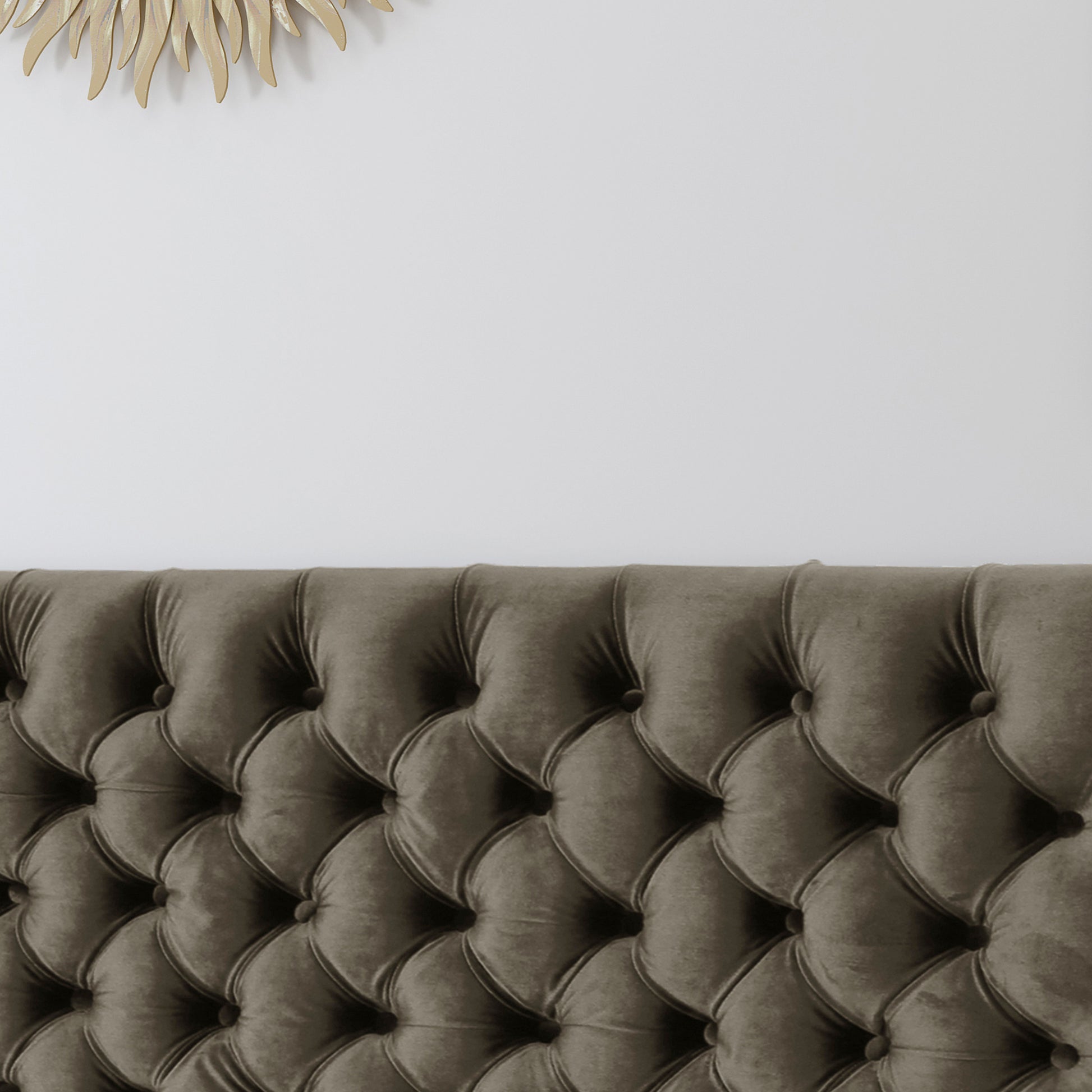 Taupe velvet tufted headboard with diamond button detail