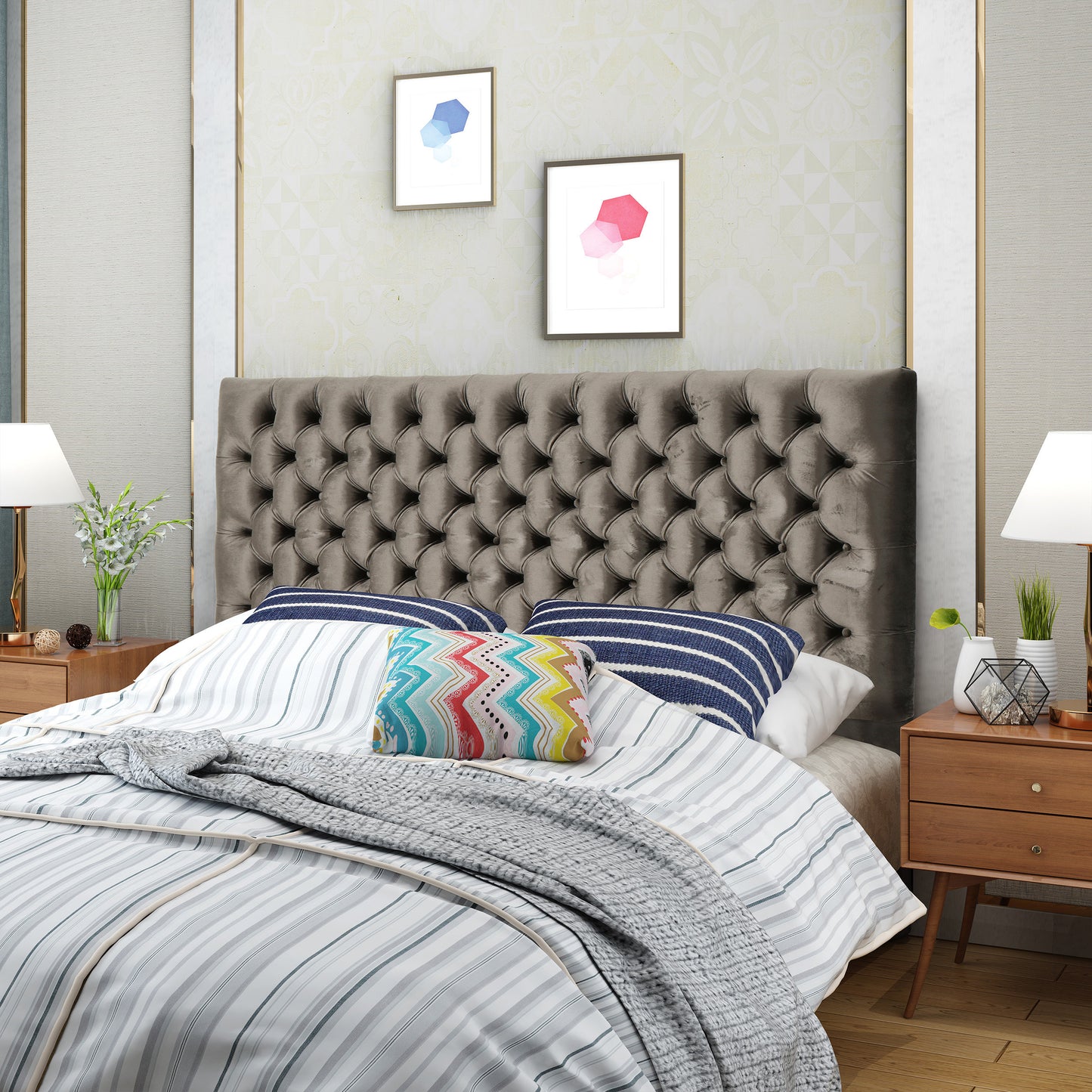 Tufted grey velvet headboard