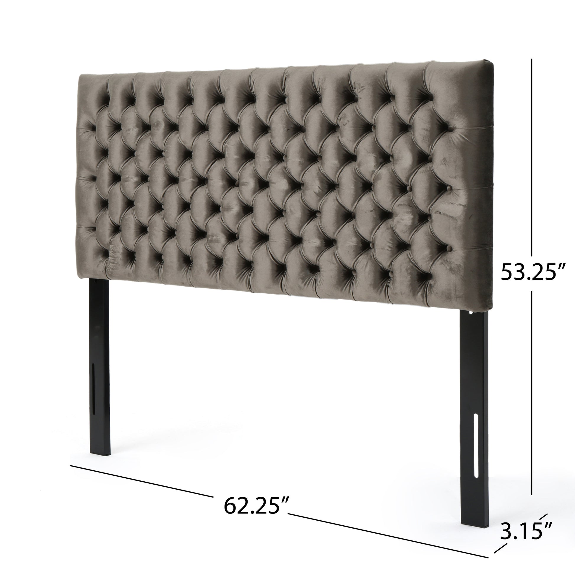 Grey velvet tufted headboard with black metal legs