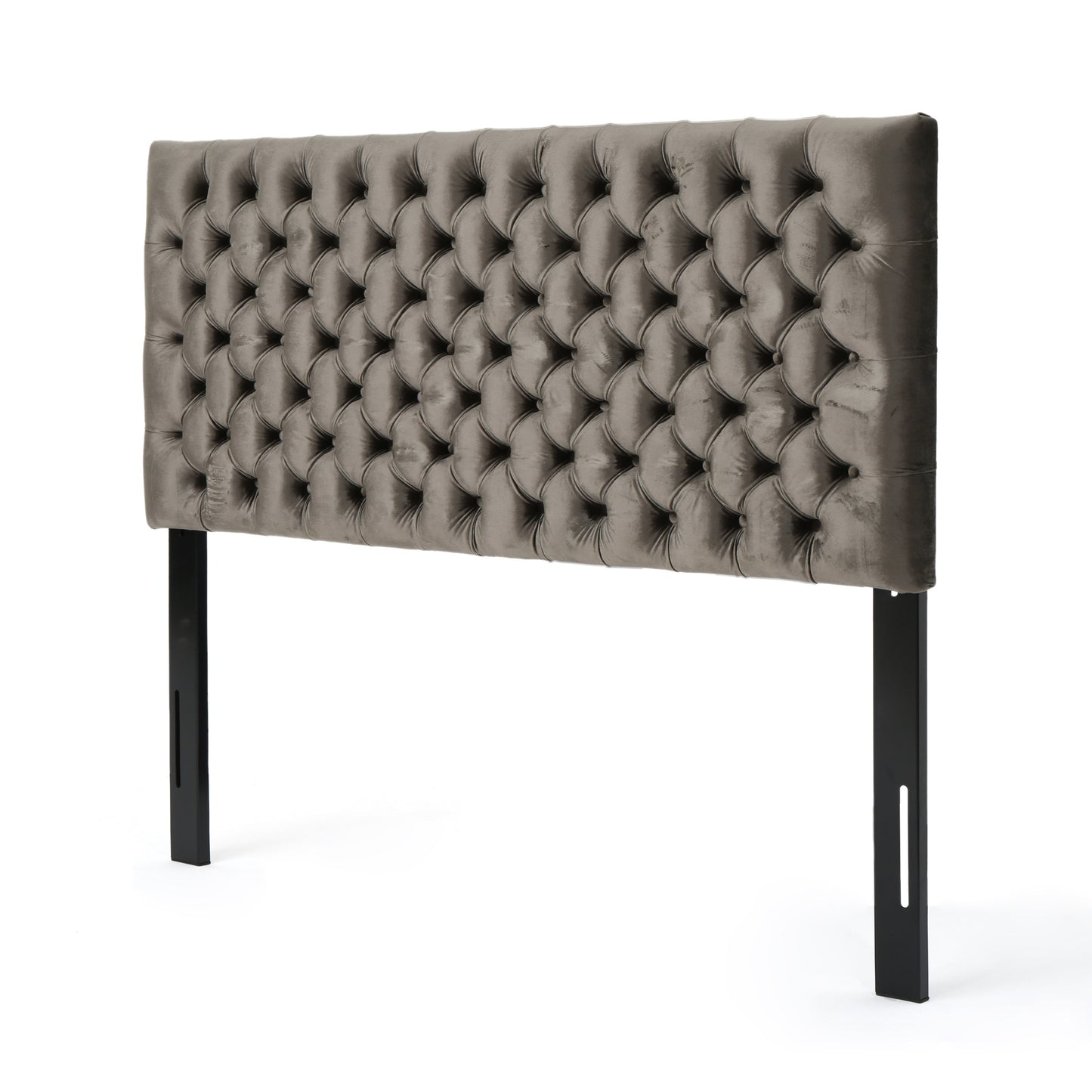 Gray velvet tufted headboard with black metal legs