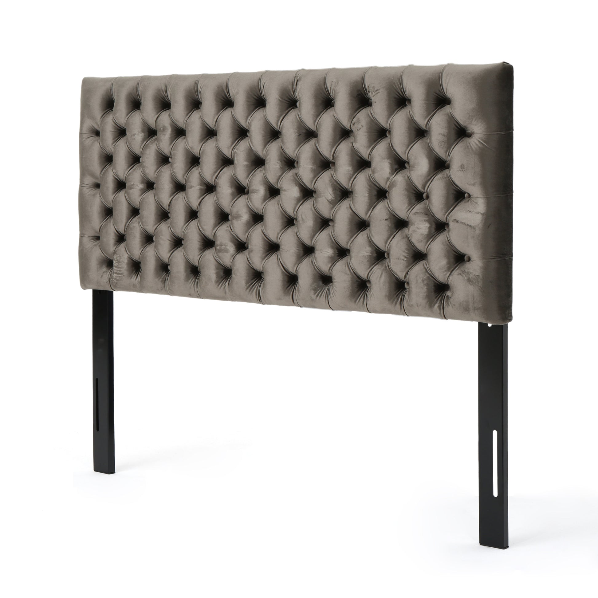 Gray velvet tufted headboard with black metal legs