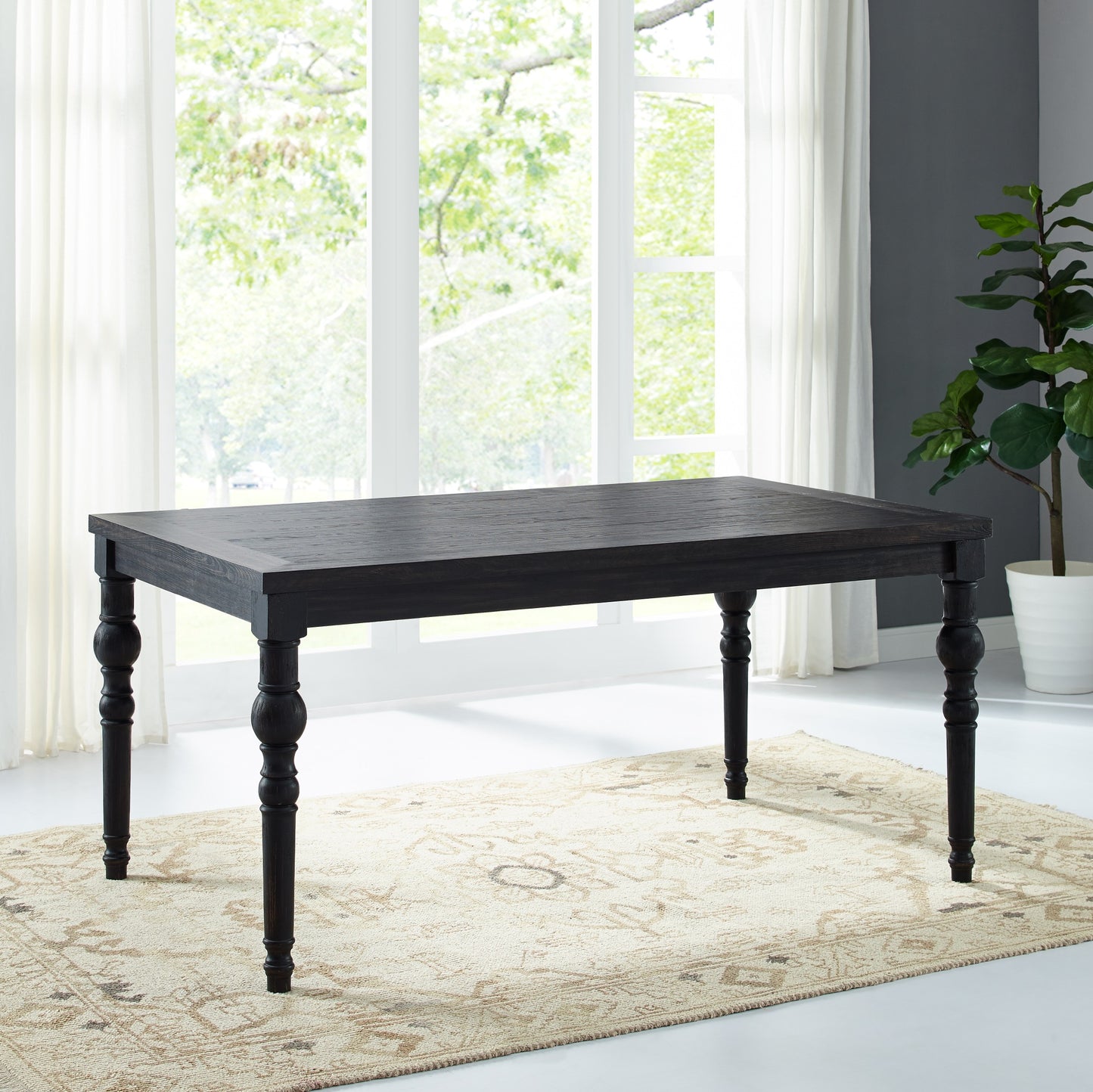 TREATLIFE HOME Urban Style Dining Table with Rich Wood Grain Top and Stately Turned Legs, Solid Rubberwood Frame, Black