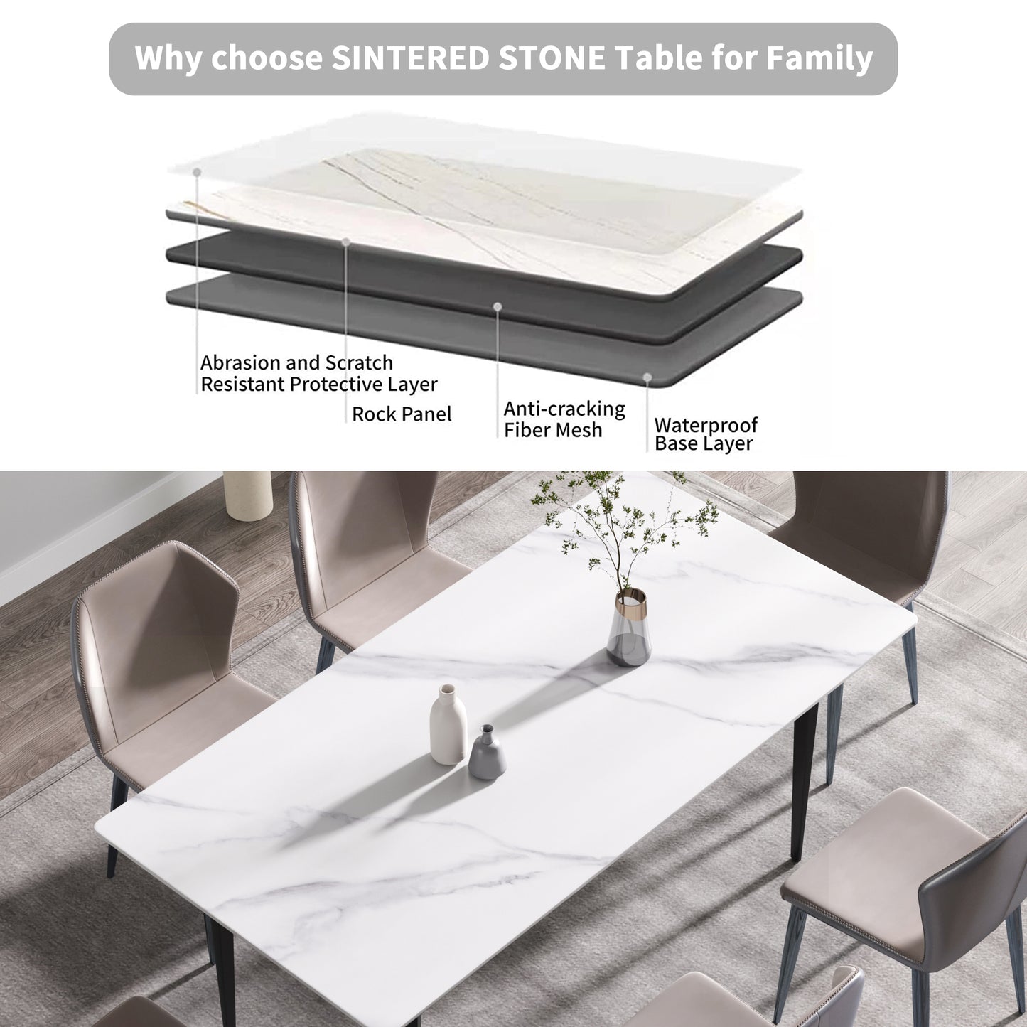 White marble sintered stone dining table with black legs