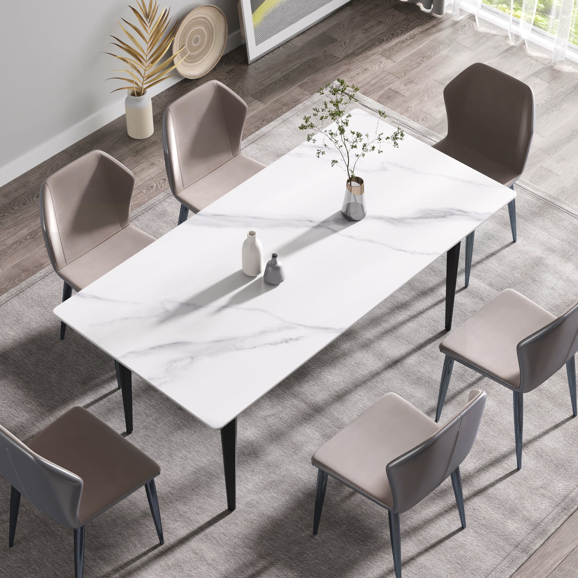 Modern white marble dining table with six taupe leather chairs Contemporary dining set