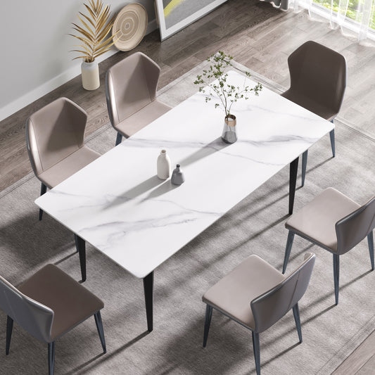 Modern white marble dining table with six taupe leather chairs Contemporary dining set