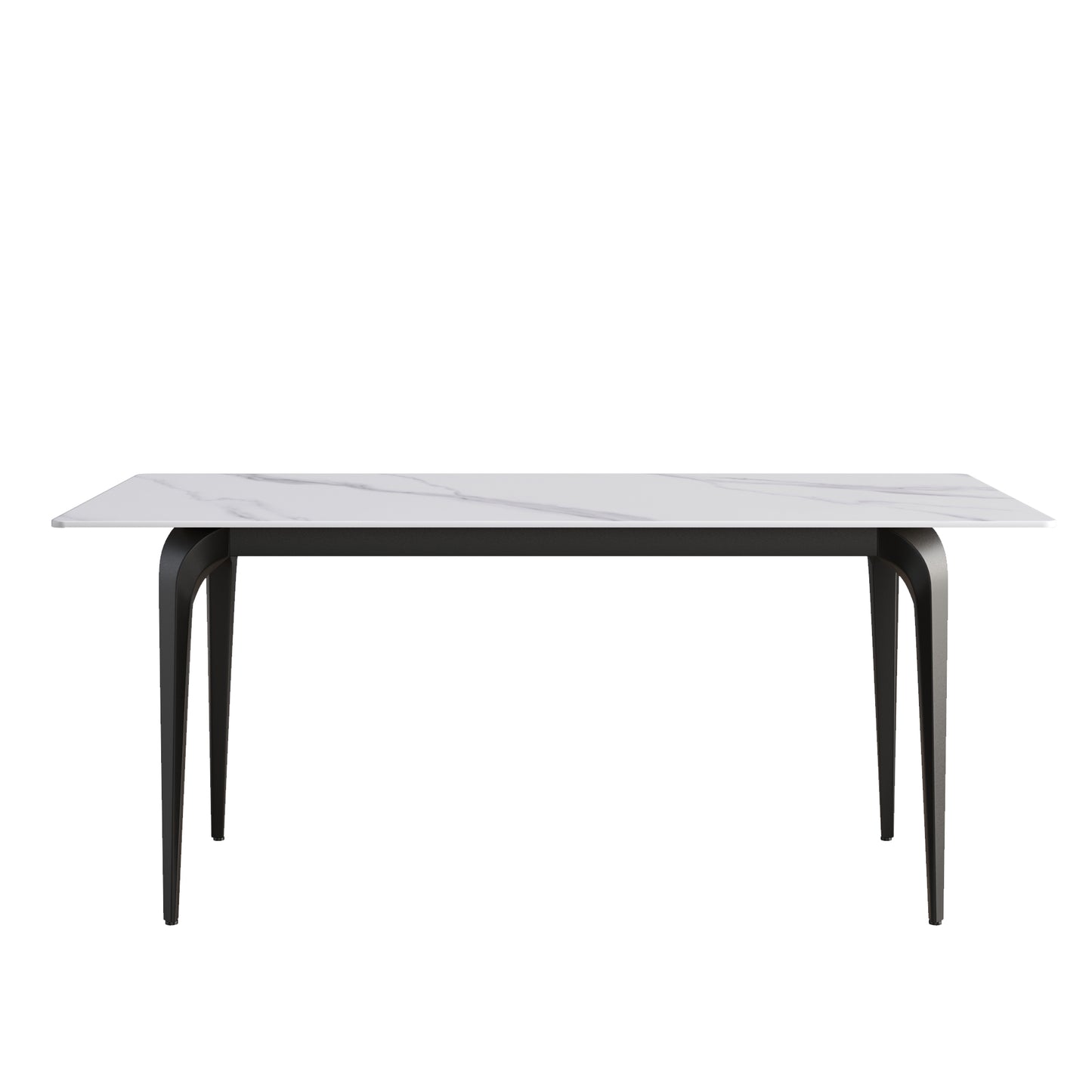 Modern rectangular dining table with white marbleeffect ceramic top and black metal legs
