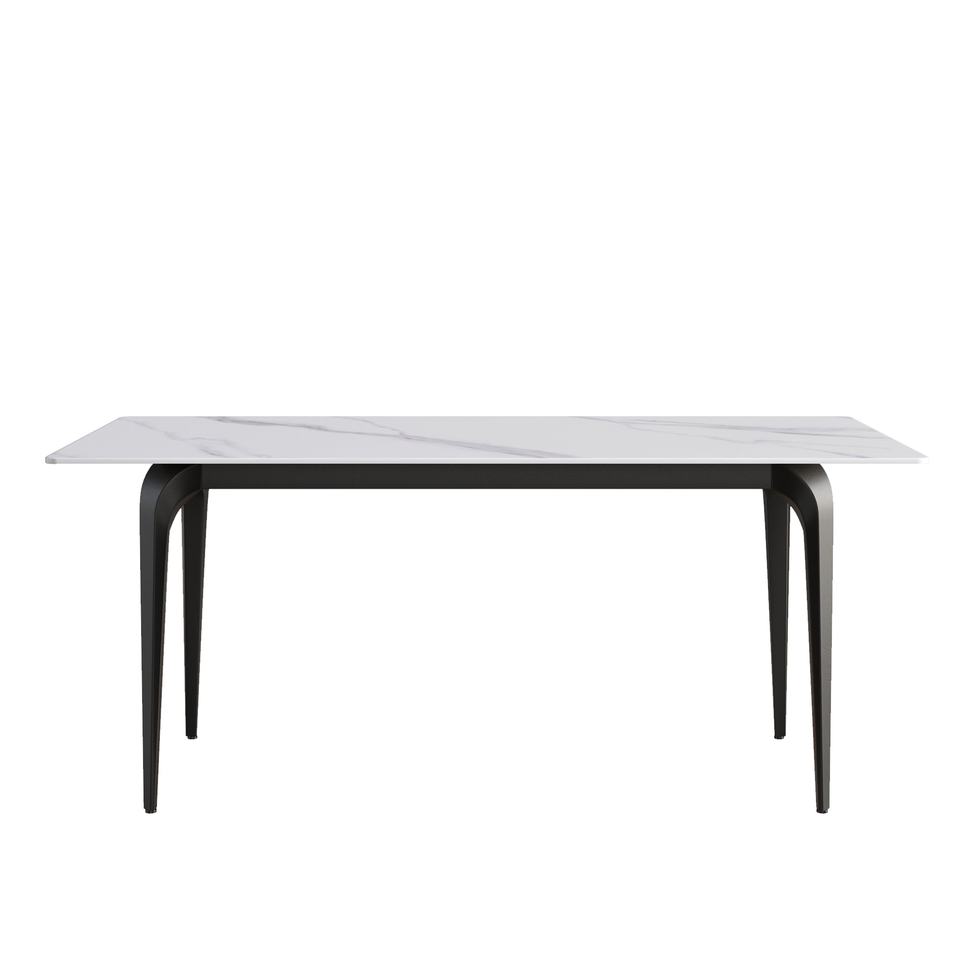 Modern rectangular dining table with white marbleeffect ceramic top and black metal legs