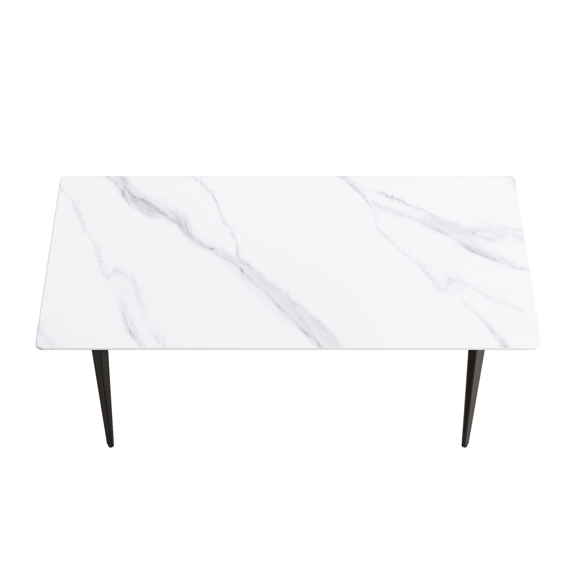 White marble top dining table with tapered black legs