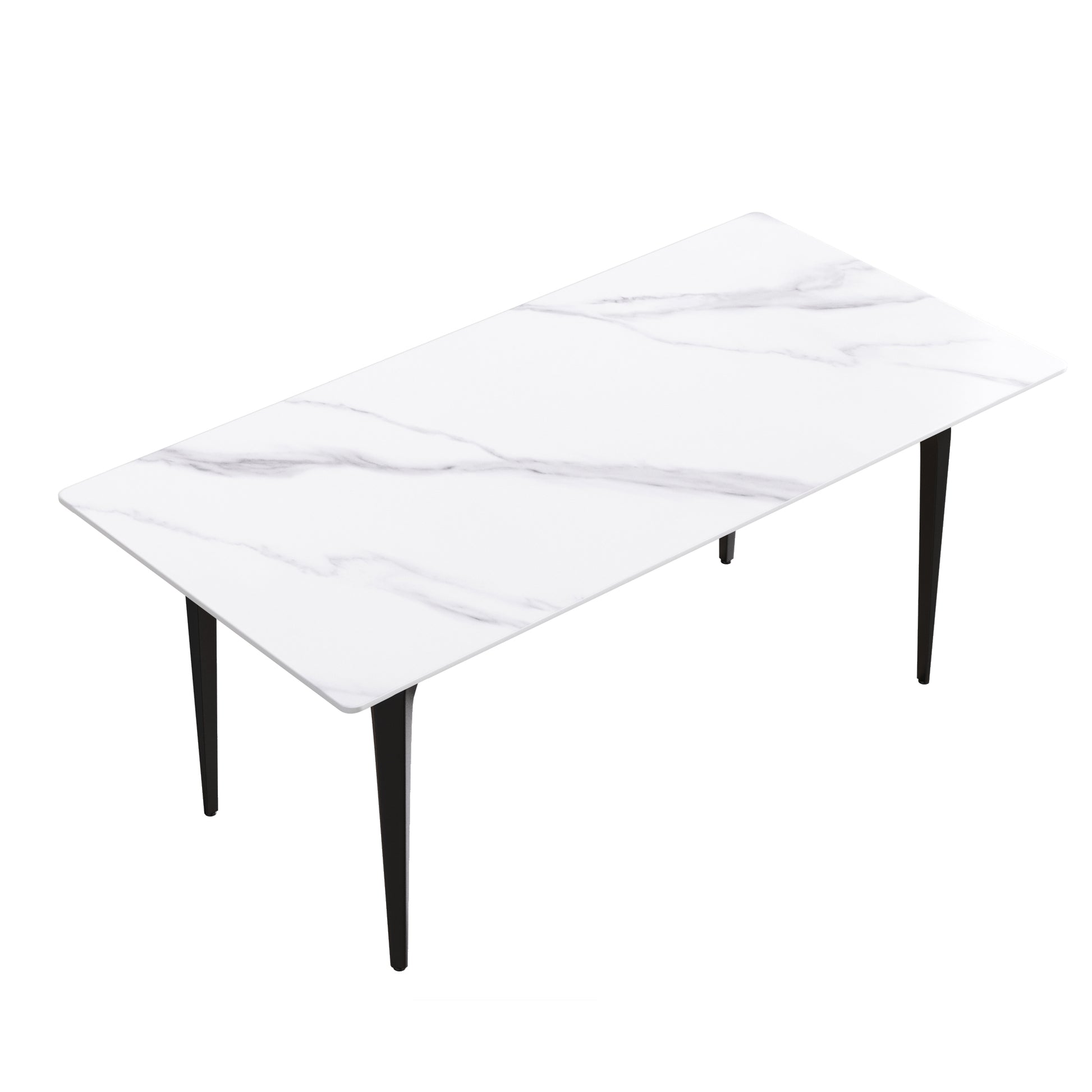 White marble dining table with black tapered legs