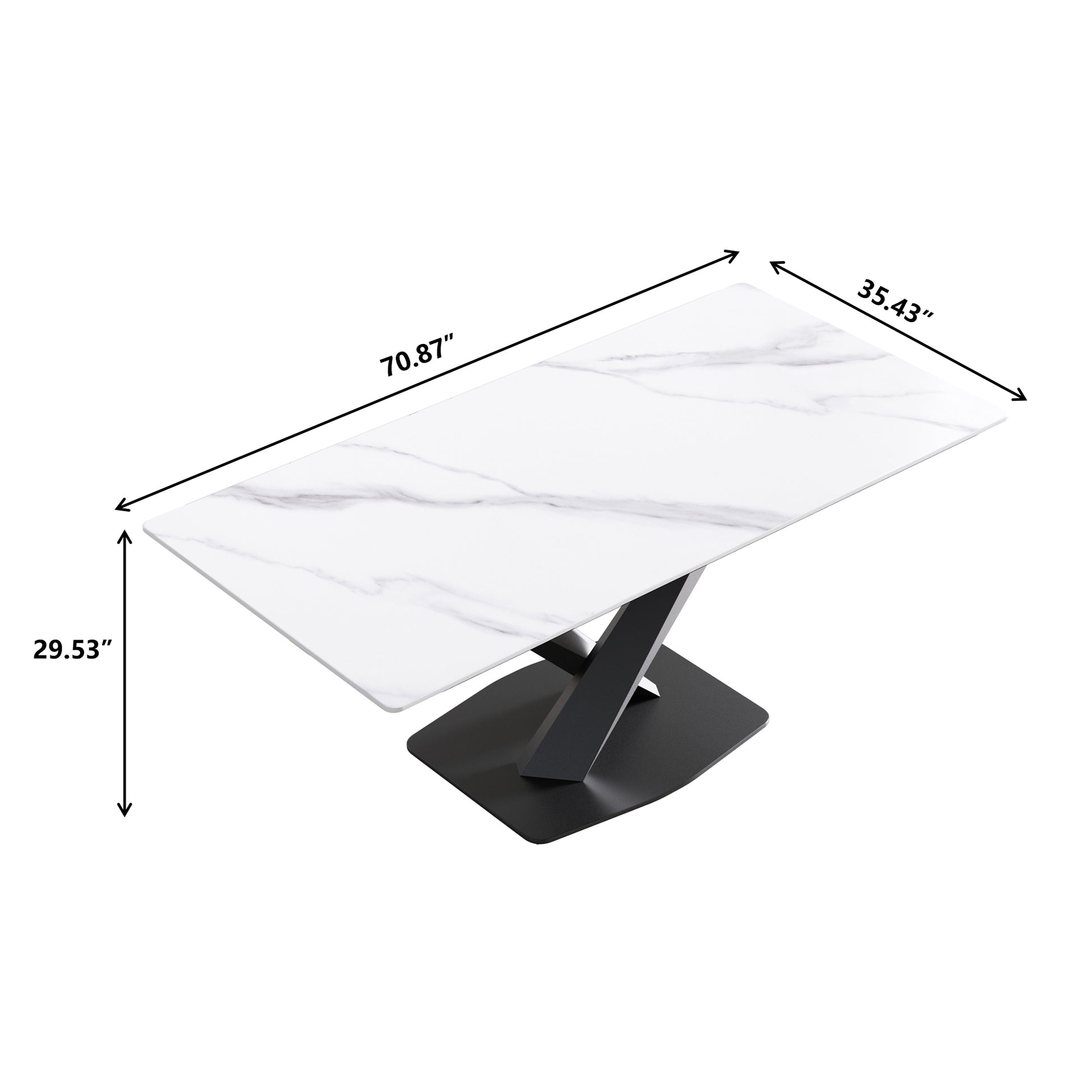 White marble dining table with black geometric base