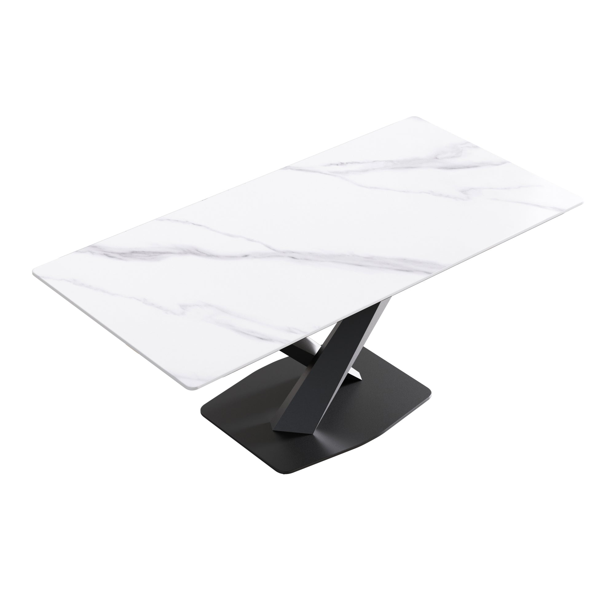 Rectangular white marblelook dining table with black pedestal base