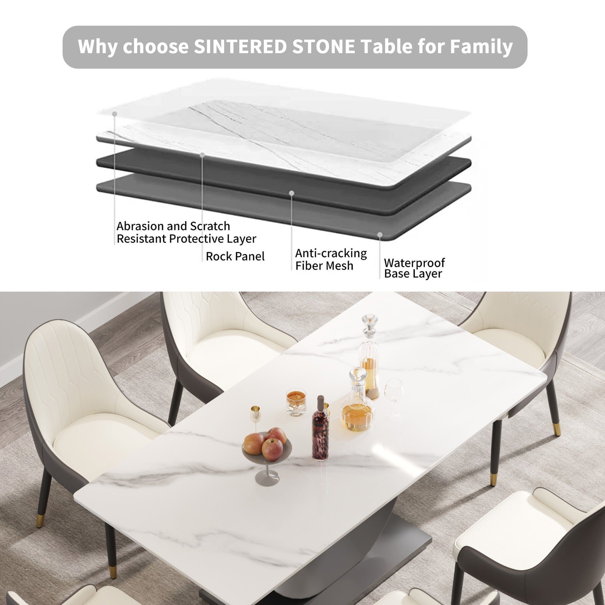 Modern white sintered stone dining table with marble veining