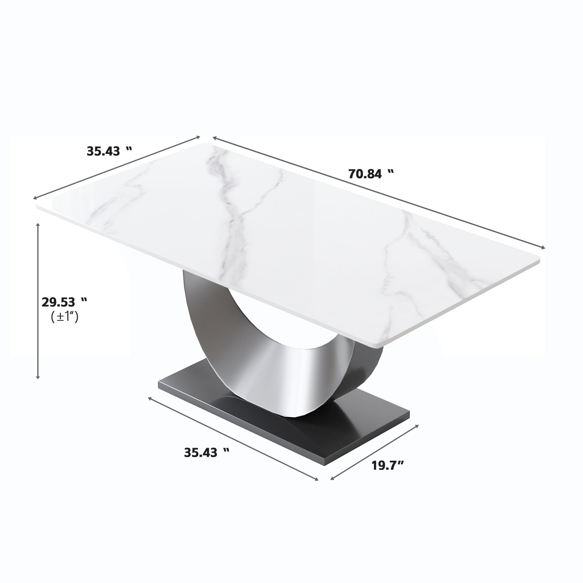 Modern white marble top dining table with sleek chrome pedestal base