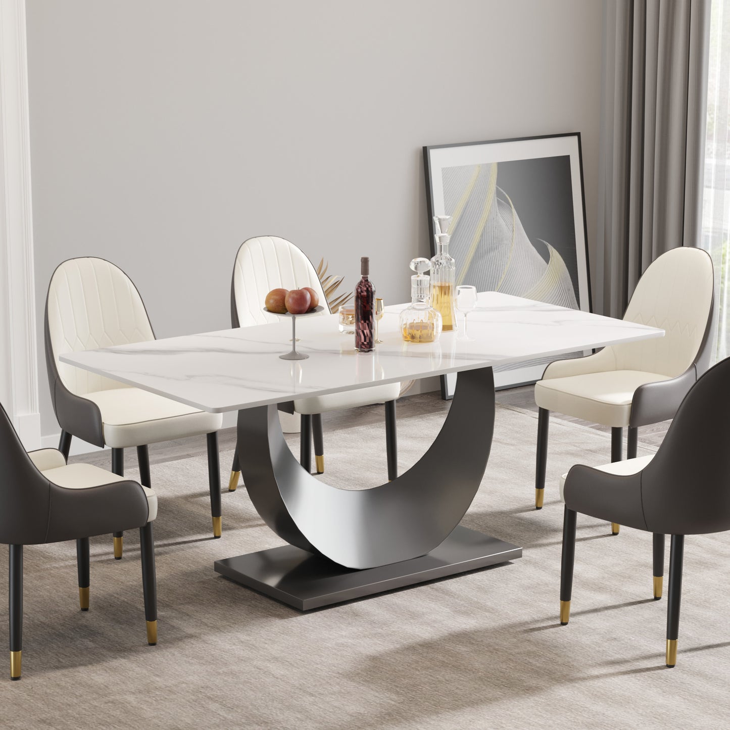 White marble dining table with modern curved metal base and upholstered chairs