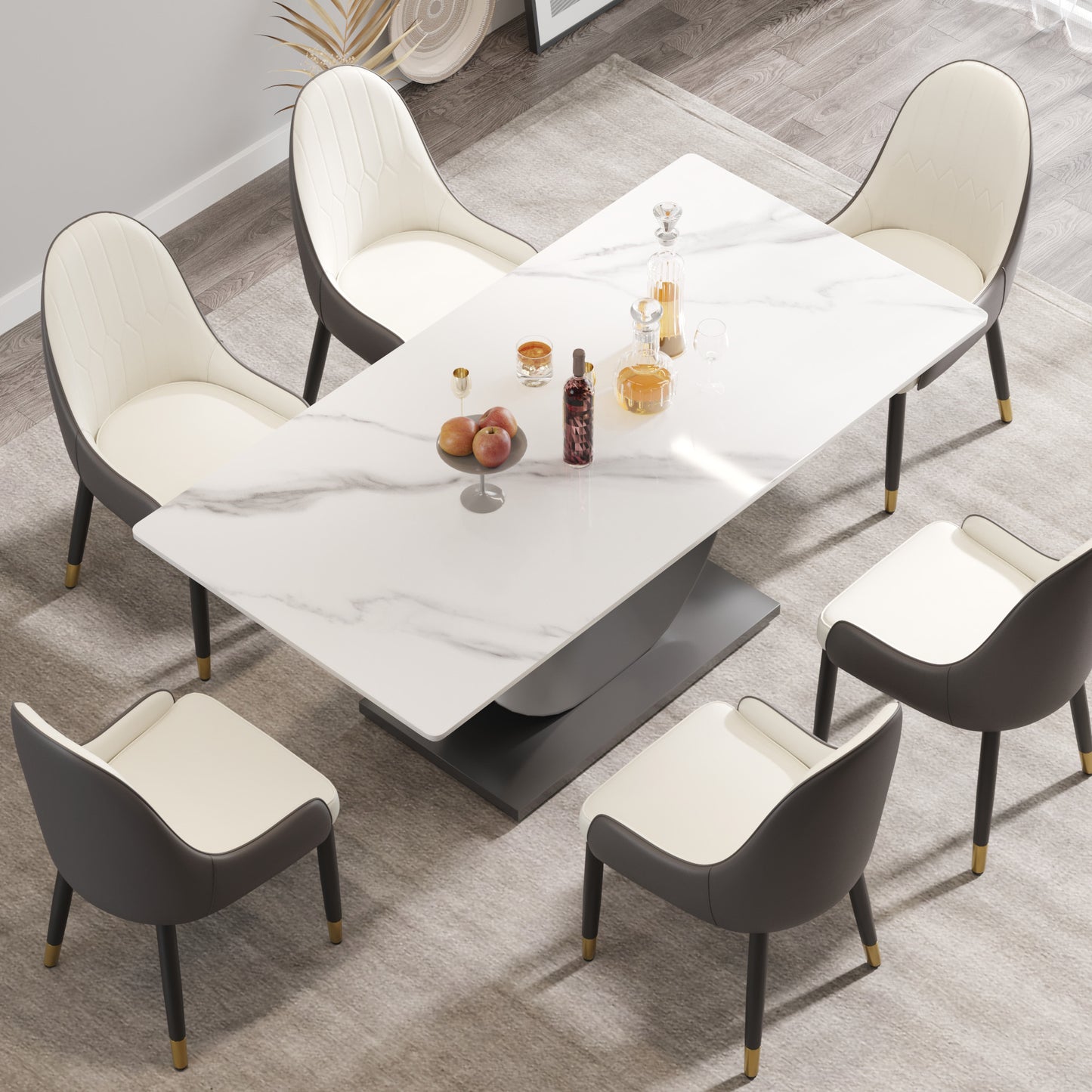 Modern marble dining table with white and grey upholstered chairs