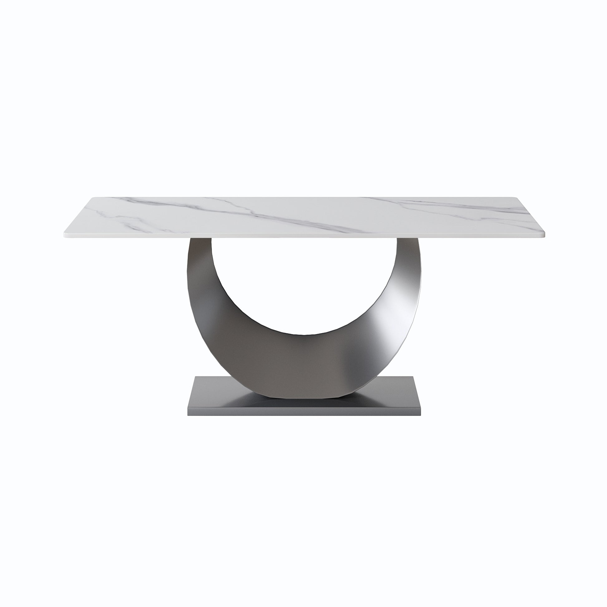Modern marble top console table with a Cshaped brushed nickel base