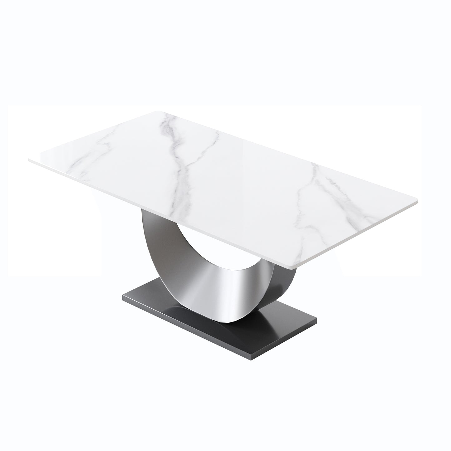 Modern dining table with white marble top and chrome pedestal base