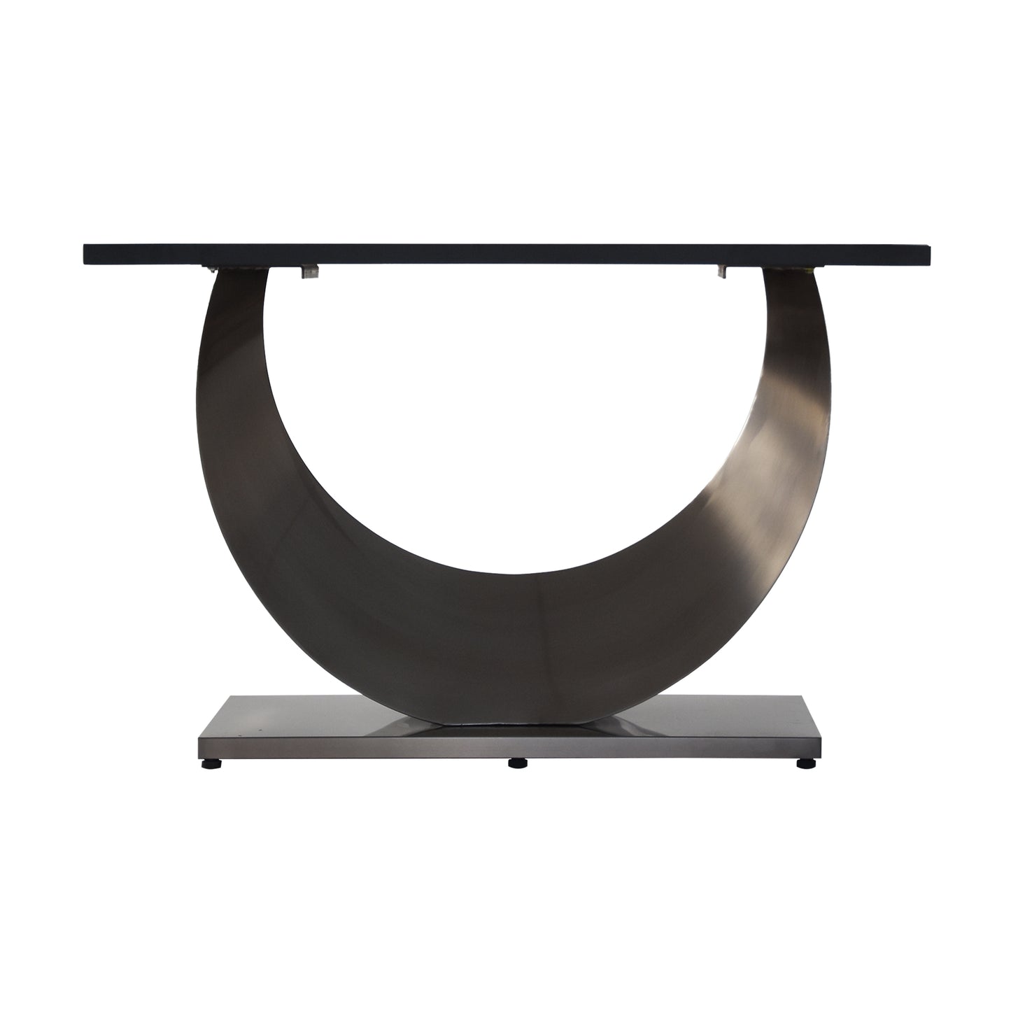 Black console table with unique brushed metal crescent base