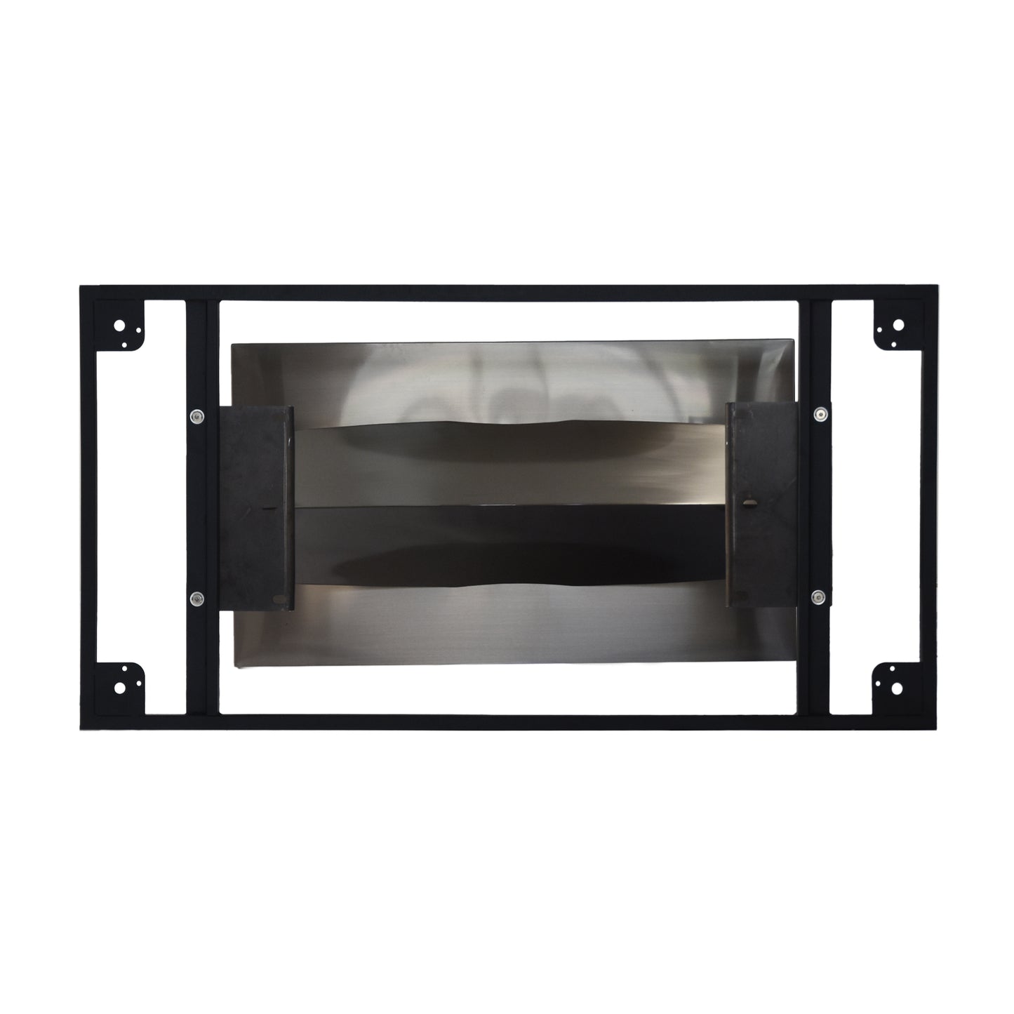 Brushed stainless steel abstract wall art with black frame and mounting brackets