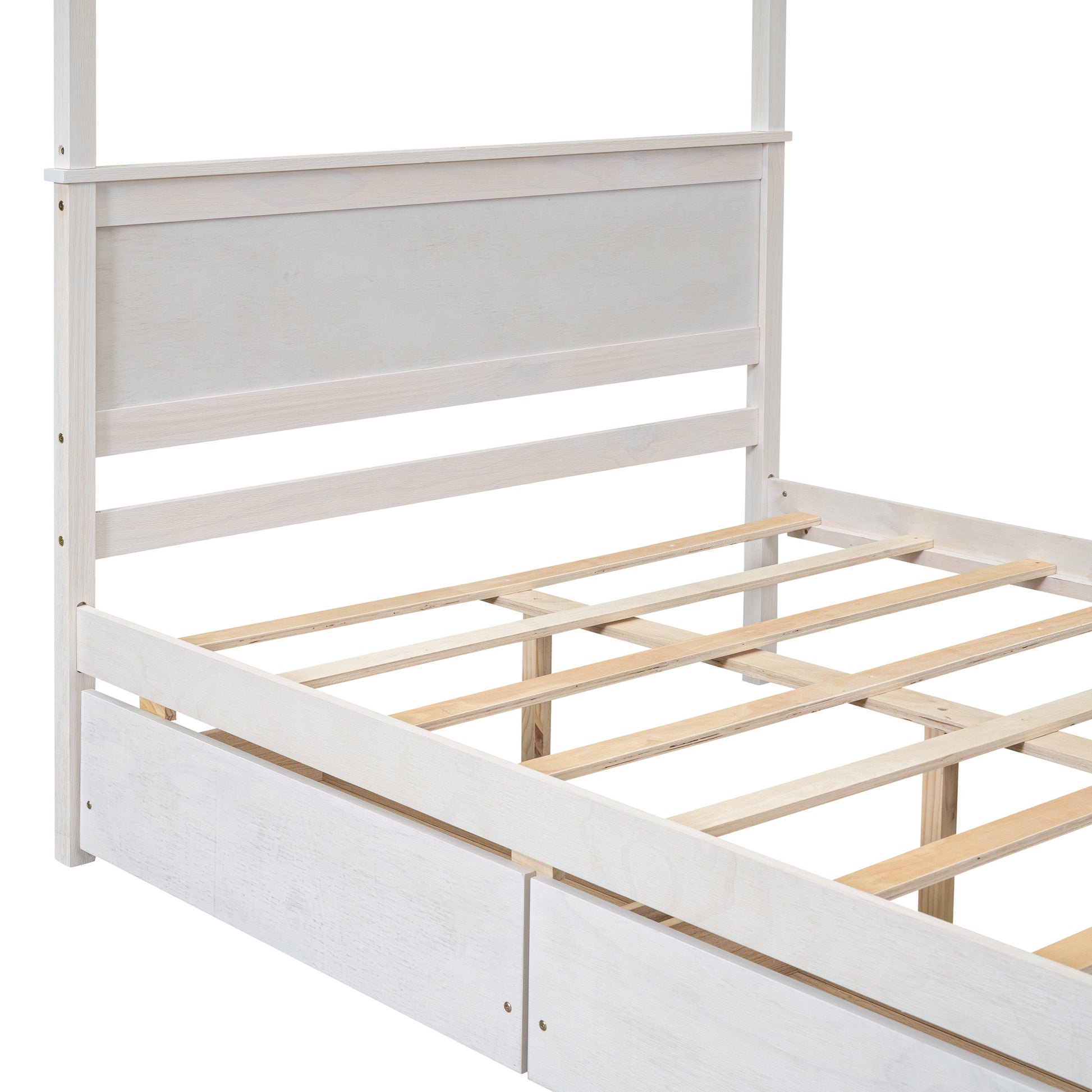 White wooden bed frame with slatted base and integrated drawers