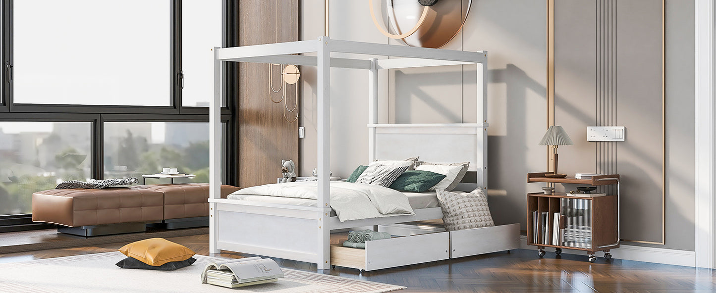 White wooden canopy bed with storage drawers and upholstered pillows