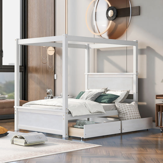 White wooden canopy bed with drawers for kids