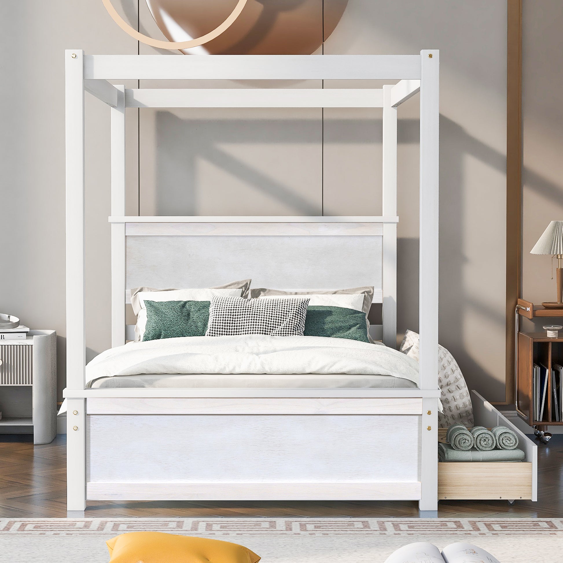 White wooden canopy bed with linenlook headboard and integrated storage drawer