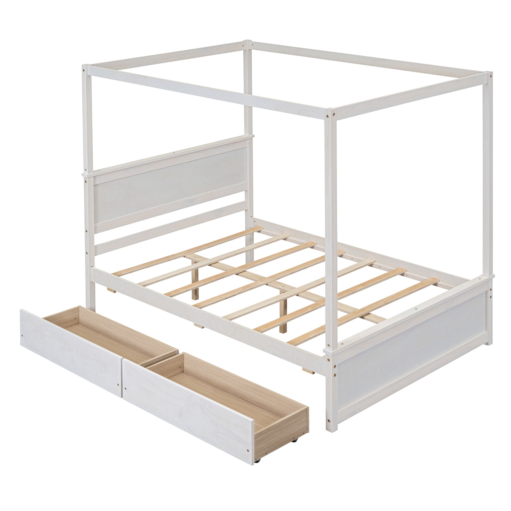 White wooden canopy bed frame with two drawers