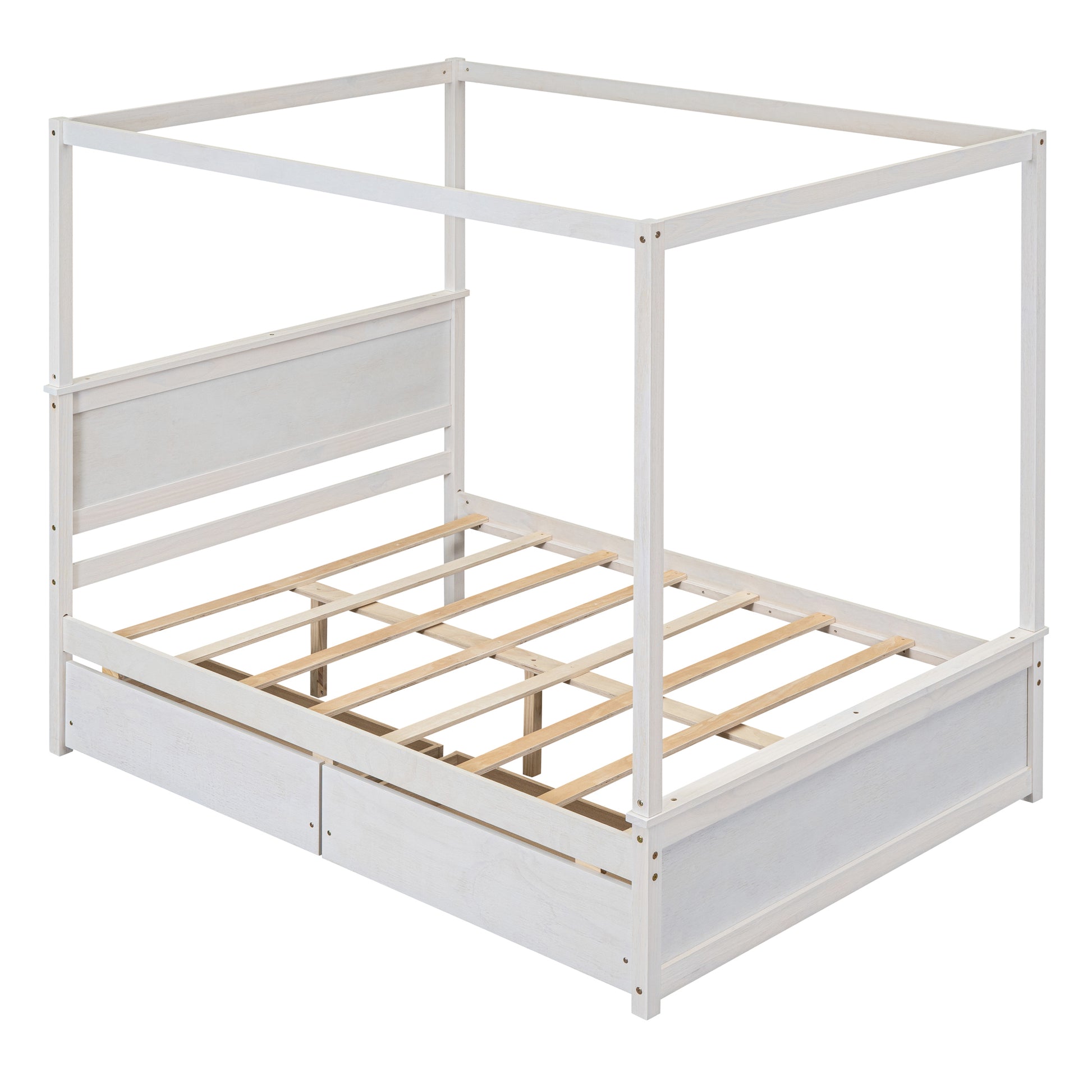 White wooden canopy bed frame with slatted base and two drawers