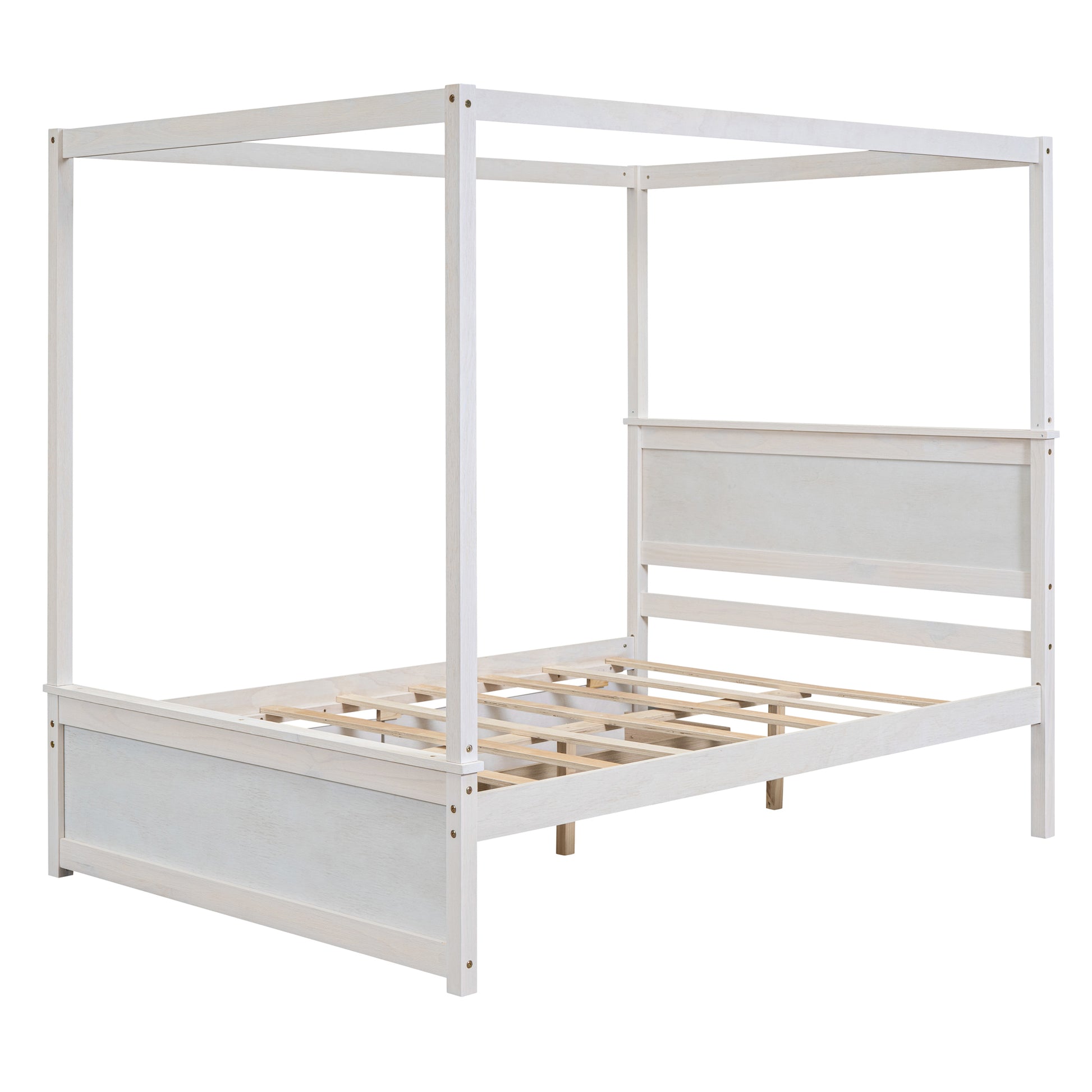 White wooden canopy bed frame