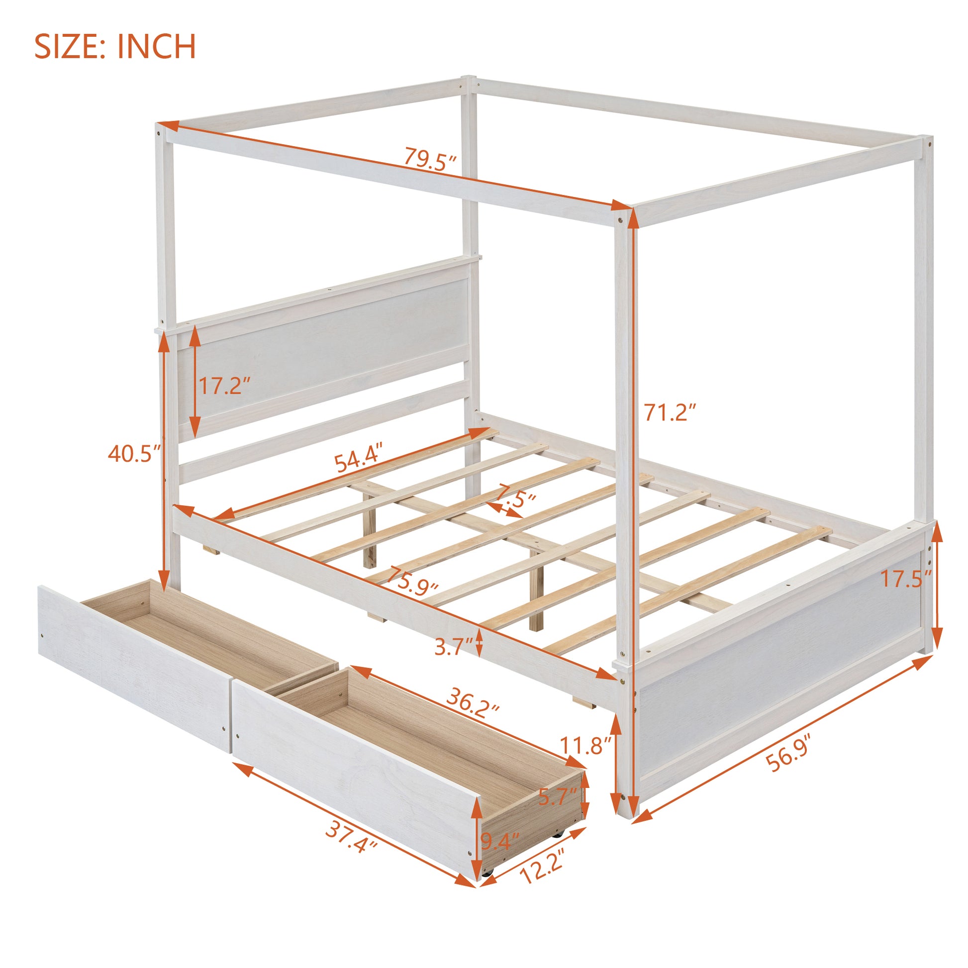 White wooden canopy bed frame with storage drawers and dimension labels