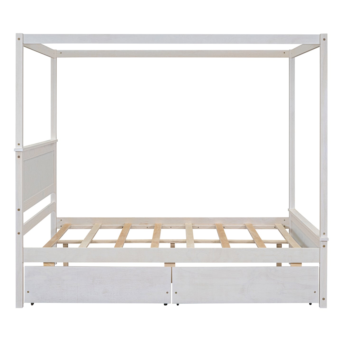 White wooden canopy bed frame with storage drawers