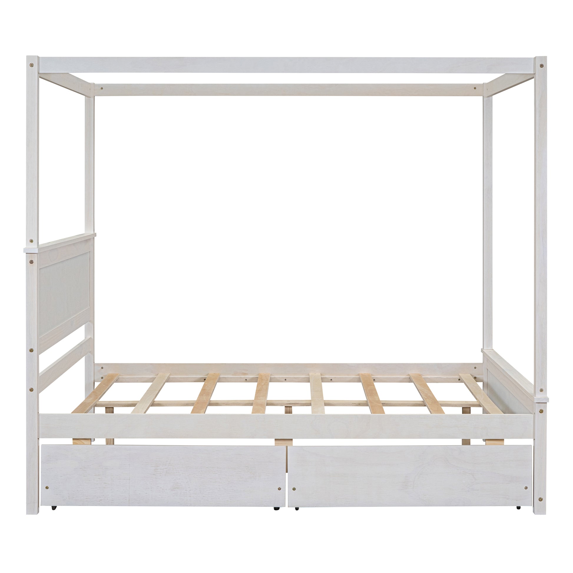 White wooden canopy bed frame with storage drawers