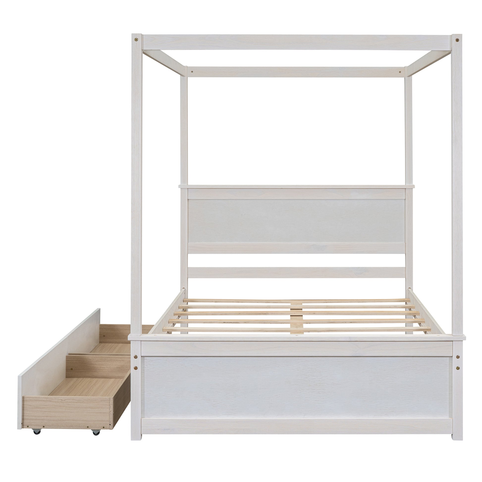 White wooden canopy bed with integrated staircase drawers