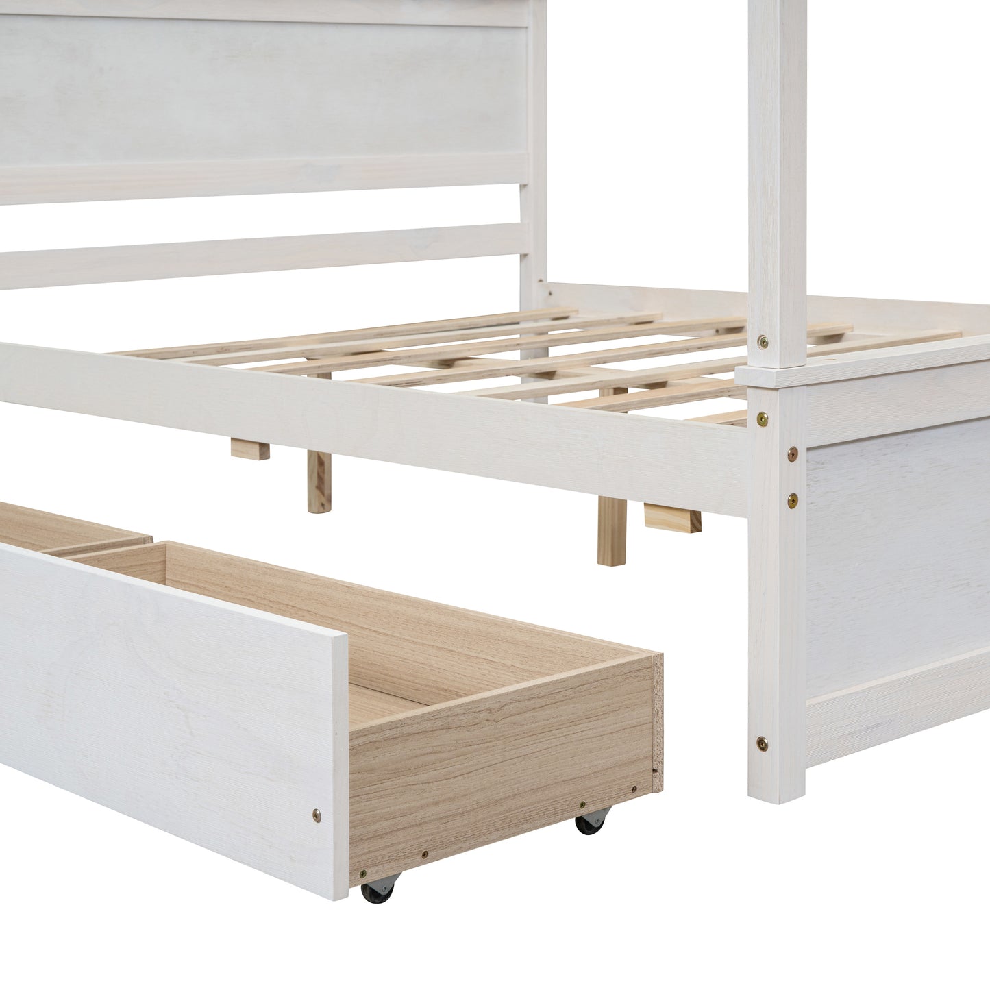 White wood canopy bed frame with visible slatted mattress support