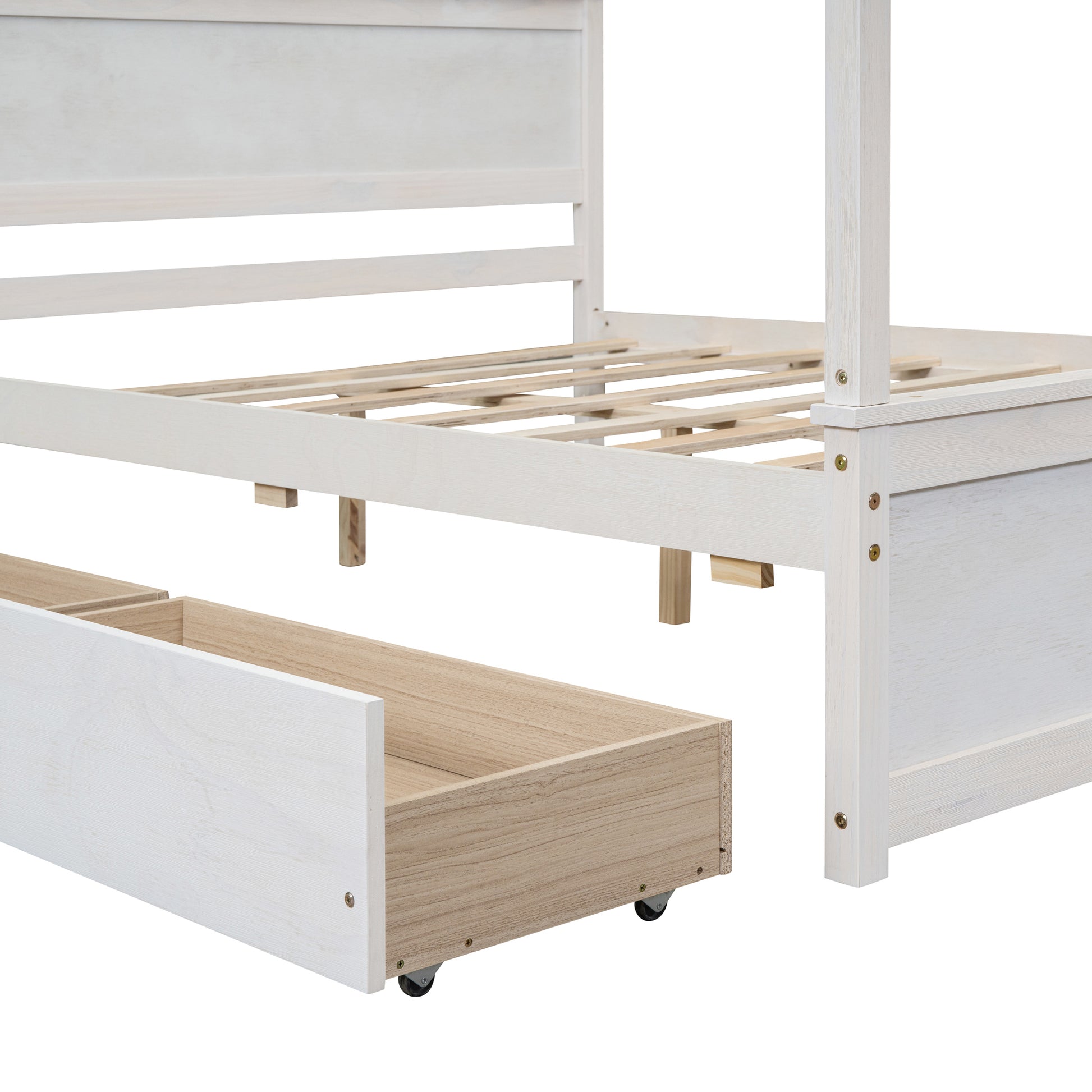 White wood canopy bed frame with visible slatted mattress support
