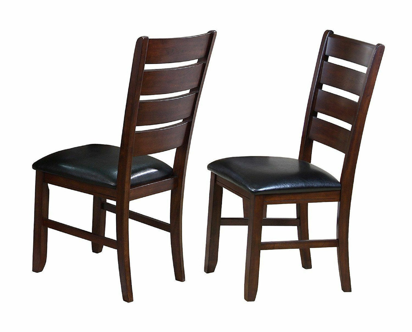Dark brown wooden dining chair with black faux leather seat and slatted back