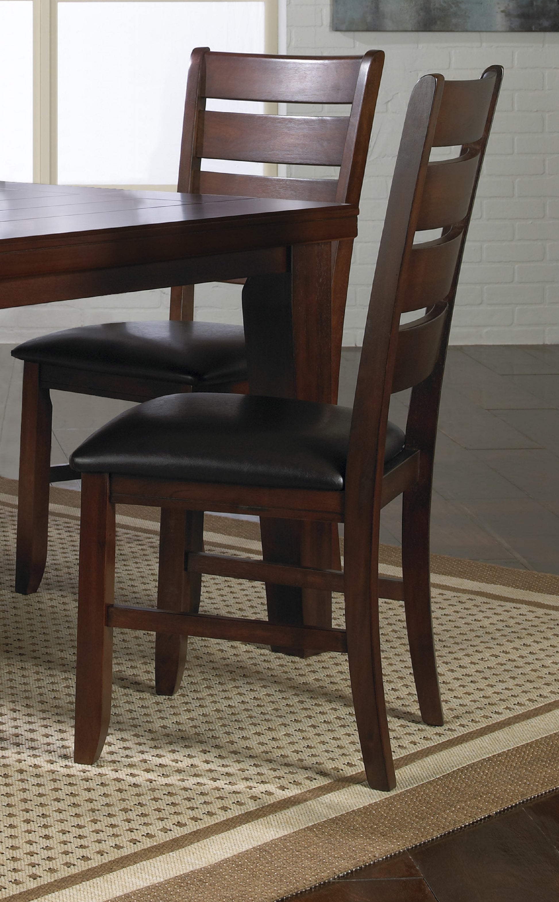 Dark brown wooden dining chair with horizontal slat back and black leather seat
