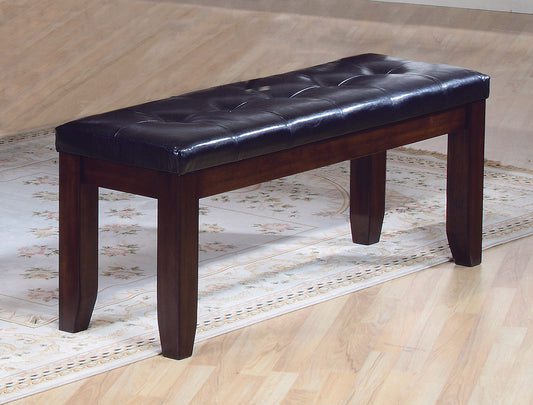 Tufted dark brown faux leather bench with mahogany wood legs